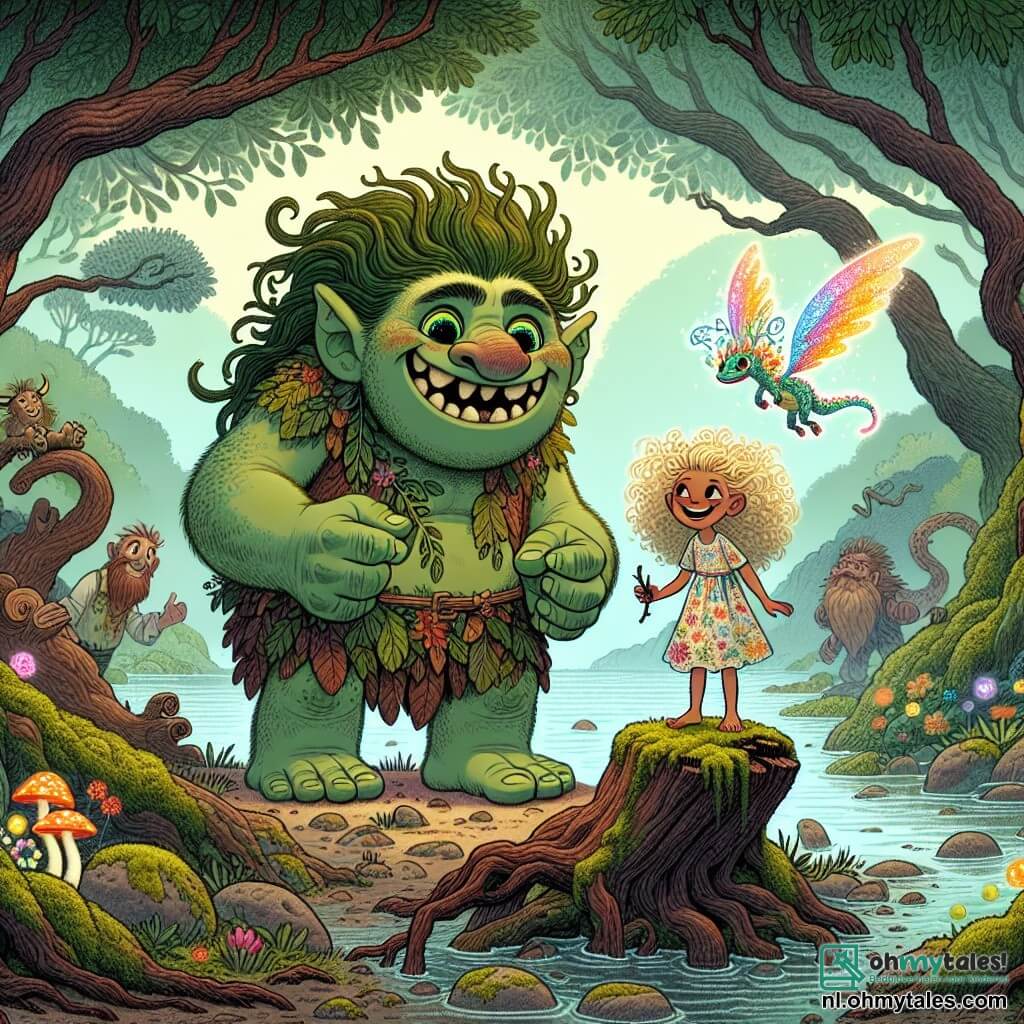 Een grote troll genaamd Bert, met een groenachtige huid en sterrenachtige ogen, glimlacht warm terwijl hij op een oude met mos bedekte steen staat. Hij heeft een brede mond en stralend witte tanden, en draagt een rok van bladeren. Naast hem kijkt Lila, een tienjarig meisje met gouden krullen, verwonderd naar de troll, met twinkelende ogen van nieuwsgierigheid. Ze draagt een kleurrijke jurk versierd met bloemen en houdt een takje in haar hand, klaar om te verkennen. Op de achtergrond vliegt een kleine glinsterende draak genaamd Glimmer, met kleurrijke schubben, vrolijk om hen heen en laat een spoor van licht achter. De scène speelt zich af in een mysterieuze moeras, waar kromme bomen rond een kleine open plek staan. Een lichte mist zweeft boven het kalme water en luminescente bloemen groeien tussen de boomwortels. In het midden van de open plek dient een oude met mos bedekte steen als ontmoetingspunt voor onze vrienden. De belangrijkste situatie toont Lila, Bert en Glimmer die zich voorbereiden om een oude houten brug over te steken, omringd door de magie van het moeras, klaar om het hart van deze fantastische wereld te ontdekken.