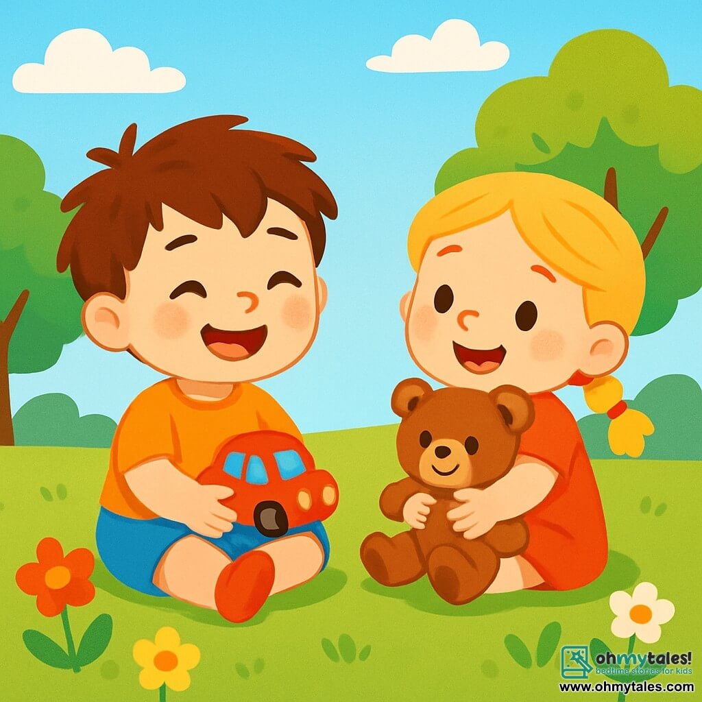 A 2-year-old boy, Max, with messy brown hair and a big joyful smile, is sitting on the green grass of the park, holding a red toy car in his small hands. Next to him is a 2-year-old girl, Lily, with braided blonde hair and sparkling eyes, smiling while holding a soft, fluffy teddy bear. They are surrounded by colorful flowers and trees with bright leaves under a clear blue sky. Max and Lily are playing together, laughing and sharing their toys, illustrating a moment of happiness and friendship in a sunny, welcoming setting.