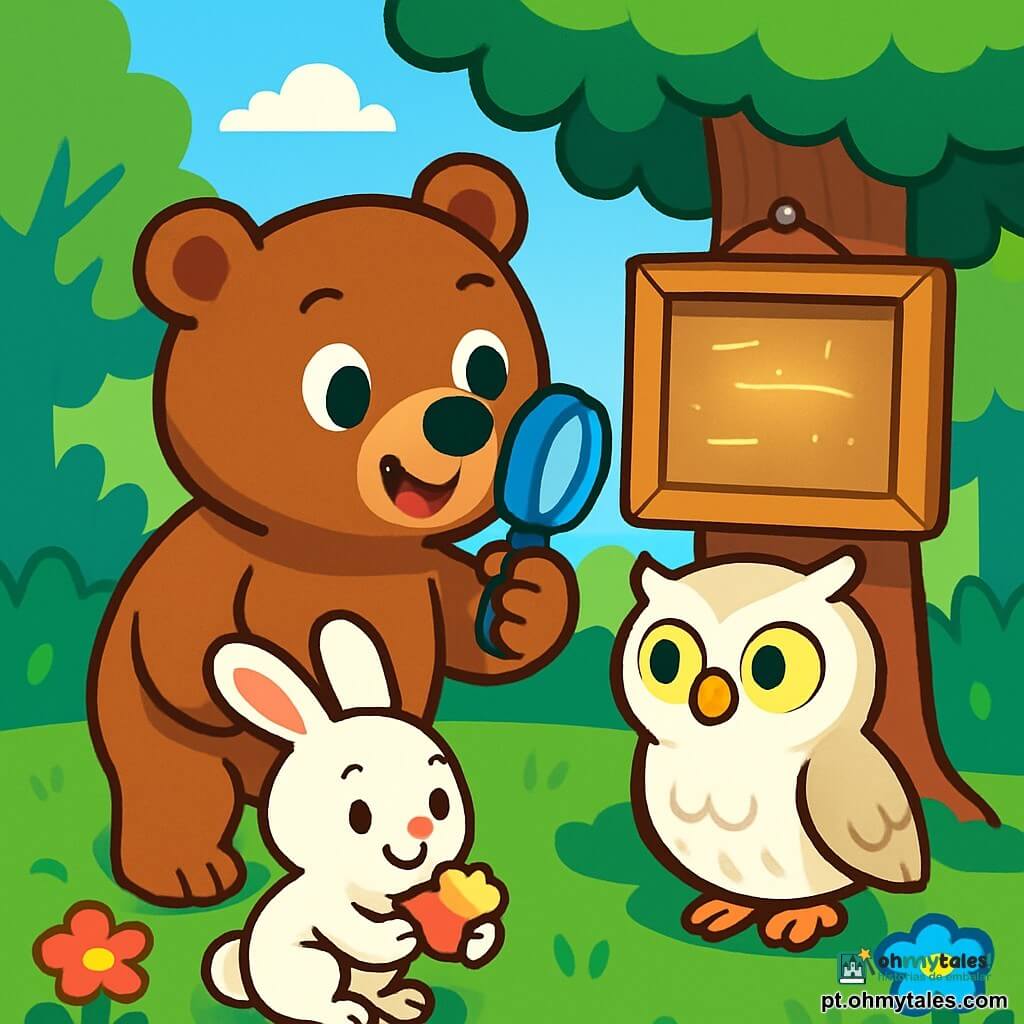 O personagem principal é um urso pardo chamado Tom, com pelagem suave e sedosa, olhos redondos e brilhantes de curiosidade. Ele tem uma expressão determinada e alegre, segurando uma grande lata azul em sua pata, enquanto examina uma placa de madeira. Ao lado dele está uma coruja chamada Lili, com penas brancas e olhos amarelos brilhantes, que observa atentamente a placa, parecendo concentrada e curiosa. Um pequeno coelho chamado Pipo, com grandes orelhas e pelagem branca, está agachado perto de Tom, segurando um pequeno pedaço de bolo, com um sorriso tímido no rosto. O local é uma clareira verdejante, cercada por árvores majestosas com folhas vibrantes, e flores coloridas espalhadas pelo chão. No centro, uma placa de madeira está pendurada em uma árvore, com letras quase invisíveis que brilham levemente ao sol. A cena principal mostra Tom e seus amigos em plena investigação, procurando pistas para encontrar a mensagem do piquenique, com expressões de excitação e curiosidade em seus rostos.