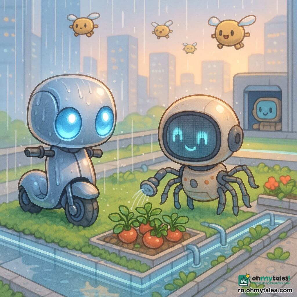 Sprint, o trotinetă-robot chibi strălucitoare cu două „ochi-lămpi” albaștri, carcasă metalică netedă și brațe telescopice mici desfășurate, calmă și curioasă la marginea acoperișului privind apa, roțile ușor întoarse; ROU-7, un robot-grădinar în formă de mic „păianjen” drăguț, cu opt brațe subțiri cu duze și mini-unelte și un ecran rotund cu zâmbet pixeliat, concentrat udând ușor plantele din centru; în fundal, câțiva drone poștale chibi zumzăie zâmbind, iar un robot de întreținere pătrat privește dinspre intrarea trapei, vigilent dar binevoitor; pe acoperiș grădină urbană: covor dens de mușchi verde, straturi joase cu roșii mici și lucioase, rezervor îngust din sticlă cu apă clară reflectantă, tuburi transparente și benzi LED albe la margini; o „ploaie de primăvară” artificială fină cade ca o perdea argintie, cu reflexe albastre pe caroseria lui Sprint, lumină caldă de sfârșit de după-amiază, clădiri futuriste din sticlă în fundal și o bandă verde luminosă dedesubt care marchează aleea principală redeschisă; stil vizual pastel vibrant, contururi rotunjite, texturi netede și lucioase, expresii exagerate și adorabile, compoziție centrată pe interacțiunea calmă între Sprint și ROU-7.
