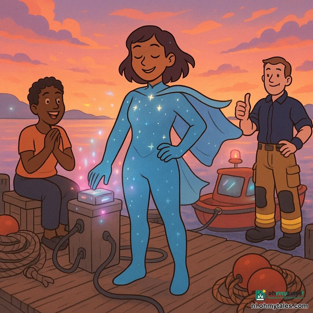 Nova (30) staat op een oud houten dok, opgelucht en trots, in een hemelsblauw kostuum met kleine gloeisterretjes en een lichte cape, hand op een klein glanzend metalen apparaat dat roze en blauwe gloed uitstraalt; links zit Lotte (25) op een houten kist, kort haar, verwonderde blik en samengevouwen handen, verlicht door de oranje zonsondergang; rechts staat Sam (35) bij een klein rood reddingsbootje, brandweerpak opgevouwen, glimlachend en duim omhoog; dikke touwen en rode boeien op het dok, kalm water dat de oranje, paarse en roze lucht weerspiegelt en silhouetten van boten aan de horizon; na de avontuur komen apparaten en voertuigen weer tot leven door golvende lichtstralen van het apparaat, warme geruststellende sfeer, compositie gecentreerd op Nova, ontspannen gezichten en warme kleuren.