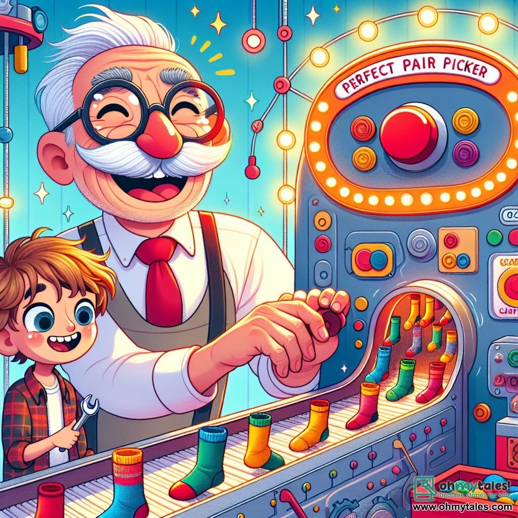 An elderly man, Mr. Whiskerton, with a large white mustache and round glasses sliding down his nose, smiles enthusiastically as he adjusts a large red button on a shiny machine. Next to him, an 8-year-old boy named Max, with messy brown hair and sparkling eyes of curiosity, watches him in admiration, holding a tool in his small hands. The scene takes place in a bright workshop filled with colorful gadgets, sparkling gears, and drawings on the walls, creating a magical and inspiring atmosphere. In the center, the machine, the "Perfect Pair Picker," is sorting colorful socks that dance joyfully on a conveyor belt, producing a catchy melody. The main situation shows Mr. Whiskerton and Max, both excited and focused, as the machine operates, revealing perfectly matched pairs of socks, while laughter and applause resonate around them.