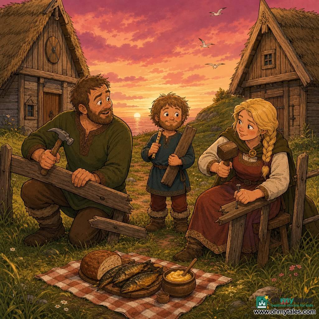 A man named Leif, round-faced with a short beard and tangled light brown hair, calm expression and slight smile, holding a small bone flute and a wooden board; a man named Einar, about 40, tanned skin, calloused hands, short hair, surprised-turned-amused expression, holding a hammer and steadying a fence plank; a woman named Svala, about 35, rosy complexion, braided blonde hair, hesitant-then-softening expression, seated on a small stool driving a nail with a mallet. They stand on a grassy hill at dusk between two small thatched wooden houses facing each other, a narrow dirt path between them and a checkered cloth on the ground with bread, smoked fish, and honeyed butter. The warm, reconciliatory scene centers on the broken fence plank and the three figures working together, soft smiles, golden light, berry-colored sky, a few distant gulls, and a warm palette of orange, brown, and moss green with visible textures of weathered wood, rough thatch, and woolen clothing.