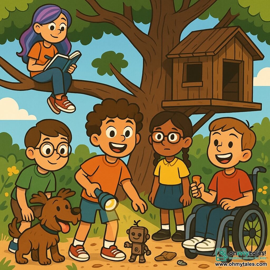 There are five friends: 1. Max, an 11-year-old boy with curly hair and a lot of energy, stands at the center, smiling widely with a flashlight in hand. 2. Leo, a 10-year-old boy with round glasses and brown hair, crouches next to Max, examining an old toy found under the tree. 3. Sam, an 11-year-old girl with long, colorful hair, sits on a branch of the old oak, holding her sketchbook, ready to draw the scene. 4. Ella, a 10-year-old girl with square glasses and braided hair, stands slightly back, carefully observing her surroundings with a focused expression. 5. Jamie, an 11-year-old boy in a wheelchair, is to the right of Max, showing a big smile and holding a granola bar, ready to share with his friends. The setting is an old park with a majestic oak tree, its branches spreading widely, and a worn wooden treehouse surrounded by bushes and wildflowers. The sky is bright blue with fluffy white clouds, and the ground is covered with leaves and small forgotten treasures. The main scene shows the friends on a quest, searching for a mysterious "monster" in the treehouse, with expressions of curiosity and excitement on their faces, while Benny, a scruffy dog, joyfully watches them, ready to join their adventure.