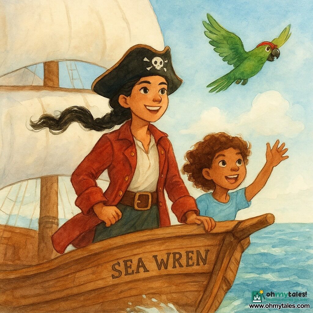 A young female pirate captain, Mara Flint, stands proudly at the bow of her ship, the Sea Wren. She has a long black braid dancing in the wind, and her eyes sparkle with joyful determination. Beside her, Tilly, a mischievous little girl about 12 years old, waves at a green parrot with a red cap flying above them, shouting amusing words. The ship is at sea, with white sails billowing in the wind, and the water glistens under the morning sun. The horizon is clear, with a few fluffy clouds floating in the blue sky. The scene exudes an atmosphere of adventure and freedom, with vivid colors and captivating marine details.