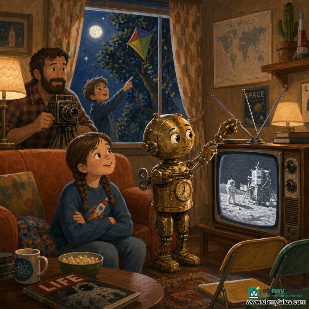 A small brass clockwork automaton (main character) with a shiny face and tiny hands, curious focused expression, delicately adjusting a metal antenna near the television with a careful slightly hunched posture; June, a 9-year-old girl with two braids and a sweatshirt with a rocket sticker, delighted smiling face, standing close with hands clasped watching the screen; June’s father, bearded man in a plaid shirt, relieved attentive expression, operating an old tripod-mounted camera behind the couch at left; a boy with a kite caught in a tree visible through the window, joyful, pointing outside; a warm retro living room with a 1960s box TV showing a grainy moon landing, soft-shaded lamps, wall maps, a cactus on a high shelf, folding chairs and curtains letting in a silvery glow; main scene: a small attentive crowd watches the TV while the automaton repairs the antenna, calm suspense and collective joy, gouache-like soft palette with warm tones and silver moonlight accents.