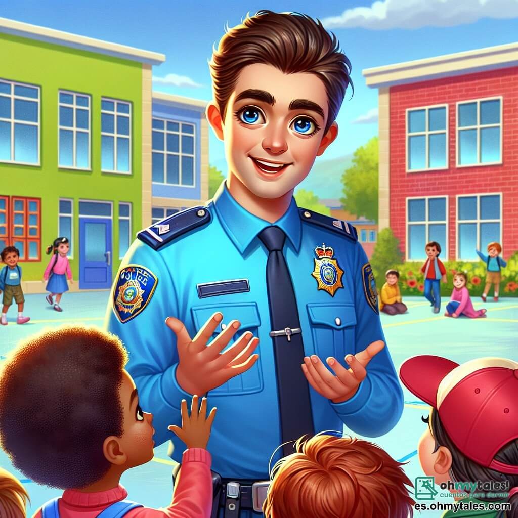 Un joven policía, Lucas, un hombre de unos 25 años, con cabello castaño y ojos brillantes de determinación, lleva un uniforme de policía azul. Sonríe cálidamente mientras habla con un grupo de niños, con las manos abiertas, mostrando que es amigable y accesible. Entre los niños, hay una niña de 8 años, con cabello rizado y un vestido rosa, que levanta la mano para hacer una pregunta, su rostro expresa curiosidad y admiración. Junto a ella, un niño de 9 años, con una gorra roja, escucha atentamente, cautivado por las palabras de Lucas. La escena tiene lugar en el patio de una escuela primaria, rodeado de muros coloridos, con juegos infantiles al fondo y árboles verdes que aportan un toque de naturaleza. Lucas explica a los niños la importancia de la seguridad y la colaboración, mientras un grupo de jóvenes escucha atentamente, creando una atmósfera de aprendizaje alegre y participativa.