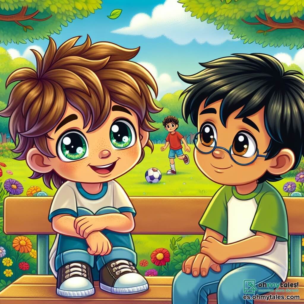 Un niño de 7 años, Lucas, con cabello castaño desordenado, ojos llenos de curiosidad y una amplia sonrisa, está sentado en un banco en un parque. Parece un poco triste, con las cejas fruncidas y las manos apretadas sobre las rodillas, mientras mira al suelo, perdido en sus pensamientos. A su lado, su mejor amigo, Diego, un niño de 7 años con cabello negro y gafas redondas, lo observa con una expresión de apoyo. Diego, sonriendo, le pone una mano reconfortante en el hombro, listo para escucharlo. El parque está lleno de colores vivos: árboles verdes con hojas brillantes, flores multicolores que bailan con el viento y un cielo azul claro salpicado de nubes blancas. A lo lejos, niños juegan al fútbol en un césped bien cuidado, mientras un columpio se mece suavemente, añadiendo un toque de alegría al entorno. La situación principal muestra a Lucas compartiendo sus preocupaciones con Diego, quien lo anima a hablar de sus sentimientos. La ilustración captura un momento de camaradería y apoyo, ilustrando la importancia de la amistad frente a las dificultades.
