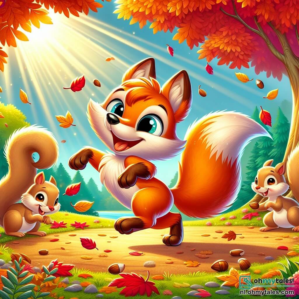 Een jonge vos met een helderoranje vacht en sprankelende ogen danst vrolijk in een zonnige open plek, omringd door kleurrijke herfstbladeren die om hem heen vallen. In de buurt verzamelen twee kleine eekhoorns met ondeugende ogen en lichtbruine vacht hazelnoten, terwijl ze snel met hun behendige pootjes werken en de vos ondeugend aankijken. De open plek is omringd door majestueuze bomen met vurige rode, oranje en gele bladeren, met een zachte zonnestraal die door de takken filtert, wat een warme en magische sfeer creëert. De vos viert enthousiast de komst van de herfst, terwijl de vrolijke eekhoorns hem observeren en om hem heen springen.