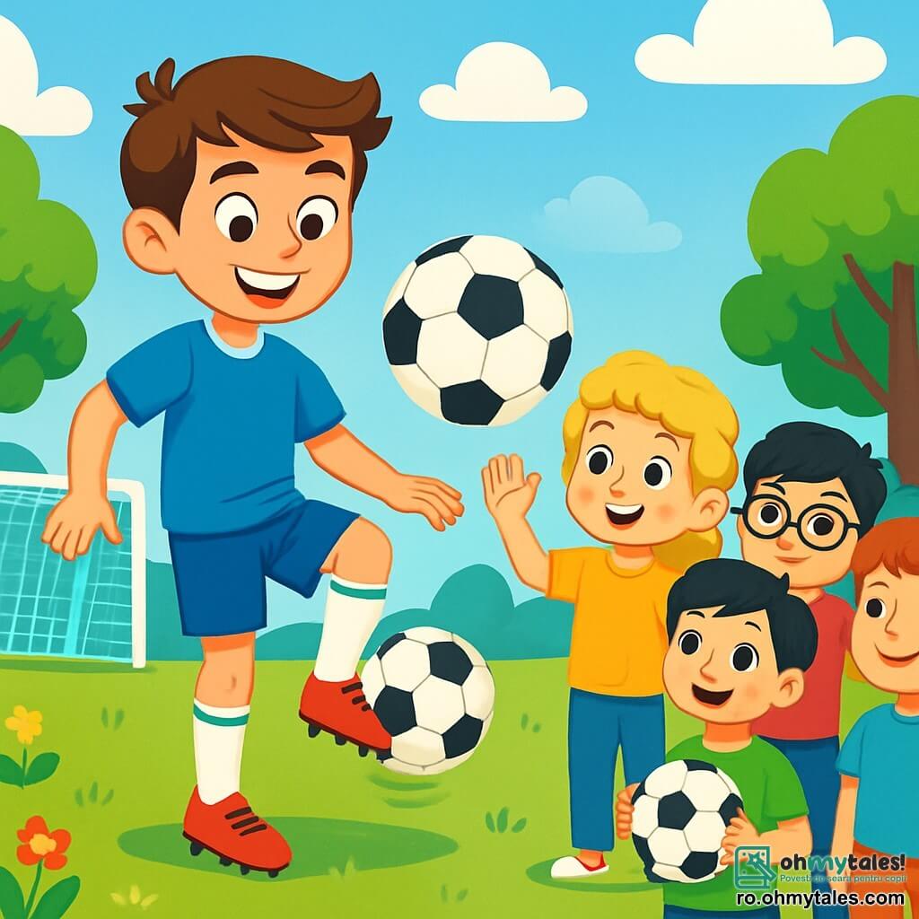 Un tânăr, Alex, zâmbitor și entuziast, cu părul castaniu și ochi strălucitori, poartă un tricou de fotbal albastru aprins și șorturi asortate. El jonglează cu o minge de fotbal, arătându-și măiestria și bucuria de a juca. Lângă el, un grup de cinci copii, cu vârste între 8 și 10 ani, toți îmbrăcați în tricouri colorate, îl privesc cu admirație. Una dintre eleve, o fată cu părul blond și creț, ridică mâna pentru a pune o întrebare, în timp ce un băiat cu ochelari, având părul negru, zâmbește ținând o minge.

Scena se desfășoară pe un teren de fotbal verde, înconjurat de copaci mari și flori colorate, sub un cer albastru strălucitor. Norii albi plutesc ușor, adăugând o notă de blândețe atmosferei.

Alex își împărtășește pasiunea pentru fotbal cu copiii, încurajându-i să se distreze învățând bazele jocului, creând astfel un moment vesel și inspirator.
