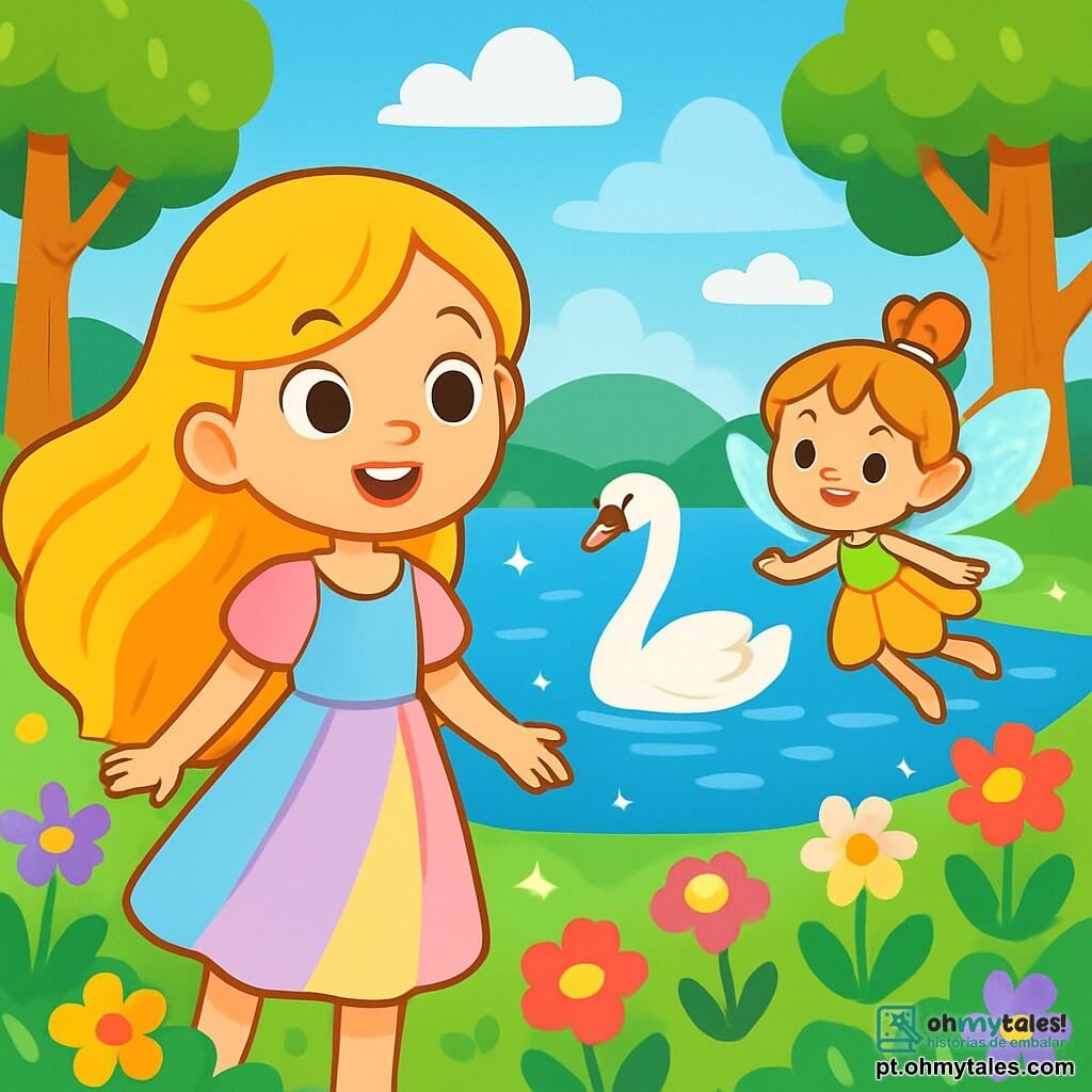 Uma jovem chamada Estrela, com longos cabelos dourados como o sol, está à beira de um lago cintilante, seus olhos brilhando de admiração e alegria. Ela usa um vestido leve em cores pastel, que flutua suavemente ao vento. Ao seu lado, uma pequena fada chamada Lúmina, com asas brilhantes e um vestido feito de pétalas de flores, sorri gentilmente, pronta para ajudá-la em sua aventura. O lugar é um reino mágico, repleto de flores coloridas que dançam ao vento, grandes árvores com troncos dourados e um céu azul radiante com nuvens fofas. No centro, o lago brilha como um espelho, refletindo a beleza ao redor. A cena principal mostra Estrela e Lúmina contemplando o lago, onde um majestoso cisne branco nada tranquilamente, pronto para compartilhar sua sabedoria. A atmosfera é alegre e cheia de magia, convidando à aventura e à descoberta.