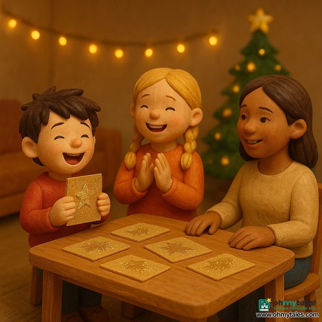 A 6-year-old boy, Benji, with tousled brown hair and sparkling eyes, sings joyfully while holding a glittering postcard. Next to him, his older sister Mia, a 10-year-old girl with blonde braids and a radiant smile, claps in rhythm. Their mother, a woman in her thirties with chestnut hair and a kind gaze, sings along with them, sitting beside them. They are in a cozy living room decorated with string lights and a sparkling Christmas tree. The main scene shows the family gathered around a wooden table, where cards adorned with golden glitter are scattered, creating an atmosphere of celebration and sharing.
