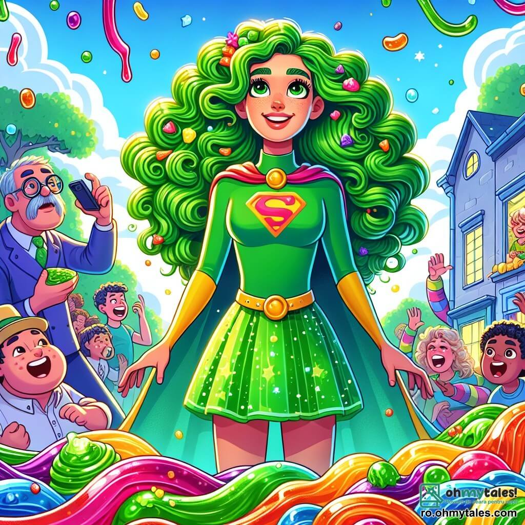 O tânără pe nume Livia, cu părul lung și creț de culoare verde strălucitor, poartă un costum de supererou verde viu. Fața ei exprimă o bucurie efervescentă și o determinare amuzată în timp ce stă în centrul scenei, înconjurată de jeleu colorat. Lângă ea, un bărbat de vârstă mijlocie, primarul Grijuliu, cu ochelari rotunzi și o mustață tremurândă, privește cu un amestec de îngrijorare și admirație, ținând un telefon în mână. În fundal, copiii râd și se joacă într-o mare de jeleu, în timp ce adulții, acoperiți de jeleu, încearcă să scape de bucățile lipicioase. Scena se desfășoară într-o stradă animată dintr-un sătuc, unde clădiri colorate mărginesc drumul, iar arborii verzi adaugă o notă de prospețime. Deasupra lor, un cer albastru deschis luminează scena, creând o atmosferă veselă și jucăușă. Situația principală o arată pe Livia, supereroina, încercând să stăpânească haosul cauzat de transformarea ei neașteptată din broscuță în jeleu, aducând în același timp zâmbete pe fețele localnicilor.
