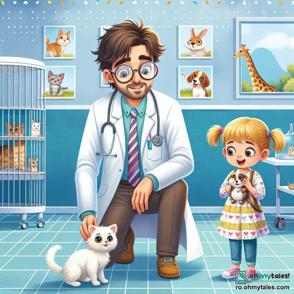 Un veterinar bărbat de aproximativ treize ani, cu părul brun dezordonat și ochelari rotunzi, stă în centrul clinicii, cu un zâmbet cald pe față. Poartă un halat alb, cu buzunare pline de unelte veterinare, și este așezat pentru a examina o pisicuță albă cu ochi strălucitori, care pare curioasă și liniștită. Aproape, o fetiță de 8 ani, Mia, cu părul blond și o rochie colorată, observă cu uimire. Ține un jucărie de pluș în formă de câine, iar fața ei este iluminată de un zâmbet mare, arătându-și entuziasmul pentru animale. Clinica este luminoasă și primitoare, cu pereți vopsiți în albastru deschis, afișe educaționale despre îngrijirea animalelor și cuști transparente care conțin animale fericite, cum ar fi iepurii și păsările, adăugând o notă de viață spațiului. Situația principală îl arată pe veterinar liniștind pisicuța, vorbindu-i cu blândețe, în timp ce Mia, fascinată, învață cum să aibă grijă de animale. Atmosfera este veselă și plină de iubire, ilustrând conexiunea specială dintre veterinari și pacienții lor mici.