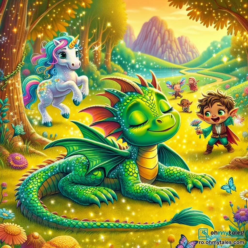 Zâmbăcel, un mic dragon cu solzi verzi strălucitori și aripi mari, stă întins pe iarbă moale, cu ochii închiși și un zâmbet visător, visând la aventuri mari. Lângă el, Fulg de Nea, un unicorn cu blană albă strălucitoare și o coamă în culorile curcubeului, îl privește pe Zâmbăcel cu o expresie de îngrijorare, întrebându-se dacă va avea curajul să participe la competiție. Mormăilă, un goblin jucăuș cu părul zburlit și un zâmbet ștrengăresc, dansează fericit în jurul lor, ținând o floare colorată în mână și râzând cu glas tare. Scena se desfășoară în Pădurea Râzătoare, un loc magic unde copacii au fețe zâmbitoare și florile cântă melodii vesele, totul fiind scăldat într-o lumină aurie și caldă. În fundal, un drum sinuos duce către o poiană mare unde se pregătește competiția de aventuri. Zâmbăcel, deși entuziast, ezită să se ridice pentru a participa, în timp ce prietenii săi îl încurajează să-și depășească lenea și să trăiască o mare aventură împreună.