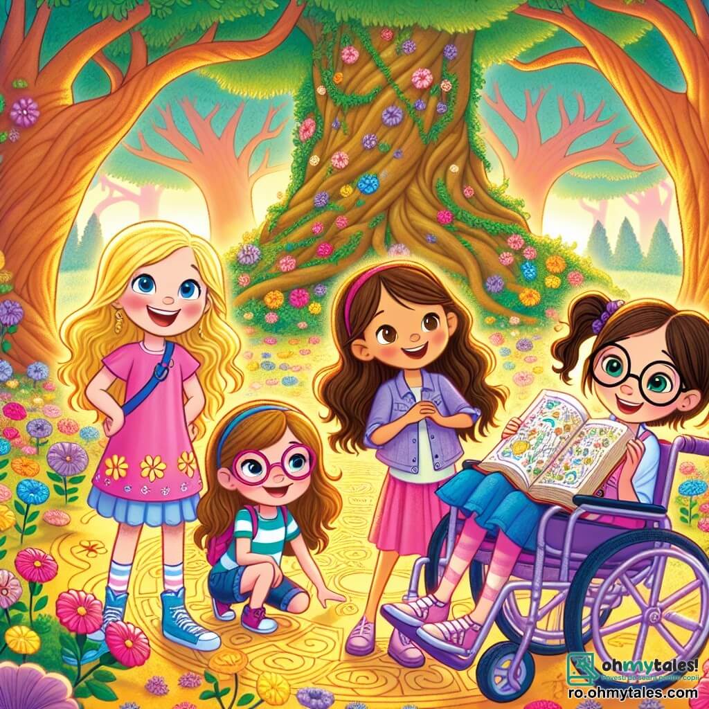 Într-un parc magic, patru fetițe stau împreună, înconjurate de flori colorate care dansează în jurul lor. Emma (10 ani) are părul lung și auriu, poartă o rochie roz și zâmbește entuziastă, ținând o hartă misterioasă. Mia (9 ani) are ochi căprui și împletituri, îmbrăcată într-un tricou albastru și pantaloni scurți din denim, curioasă să exploreze. Sara (10 ani) poartă ochelari rotunzi și are părul brun prins, îmbrăcată într-o cămașă cu dungi, cu o carte deschisă în brațe. Ana (9 ani) este într-un scaun cu rotile decorat cu autocolante colorate, zâmbind și purtând o rochie violetă, ținând o cheie aurie. Parcul este plin de copaci mari, flori strălucitoare și o lumină aurie care trece prin frunze. Un copac bătrân, cu un trunchi lat și rădăcini răsucite, emite o strălucire magică. Cele patru prietene descoperă o hartă a comorii care le conduce spre o aventură fantastică, când un spiriduș mic pe nume Flori apare și le invită să rezolve un mister pentru a aduce magia în orașul lor.