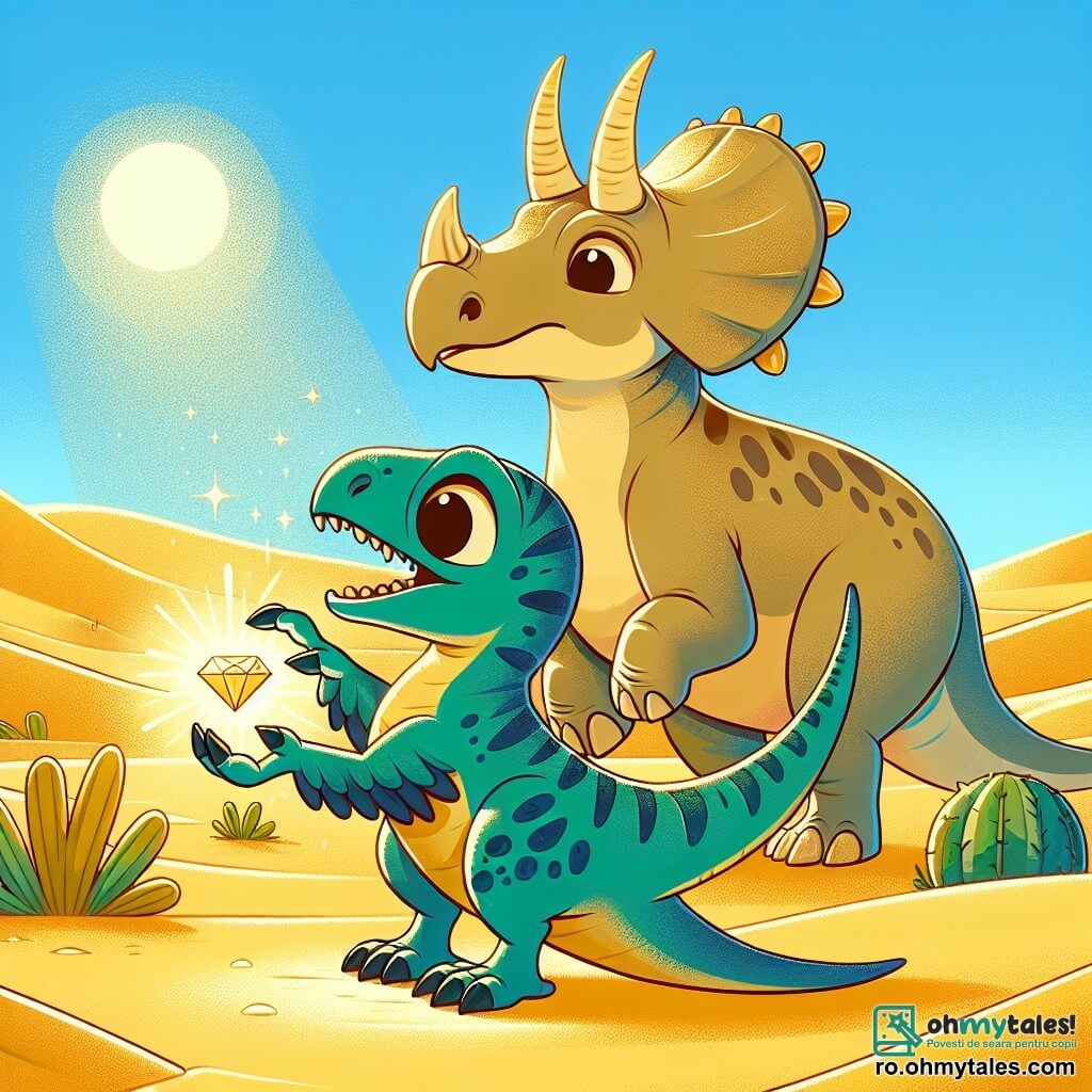 Un vélociraptor numit Rocco, cu un penaj verde strălucitor și ochi plini de curiozitate, stă în centrul imaginii, zâmbind și ridicând o labă ca și cum ar fi descoperit ceva extraordinar. Lângă el, Tara, un triceratops cu trei coarne majestuoase și pielea bej, privește cu uimire piatra magică care strălucește la picioarele lor. Decorul este un deșert însorit, presărat cu dune aurii și câteva plante verzi luxuriante, creând un contrast vibrant cu cerul albastru deschis. În prim-plan, Rocco și Tara se află lângă o piatră strălucitoare care emite o lumină blândă, simbolizând magia descoperirii lor și prietenia care îi unește.