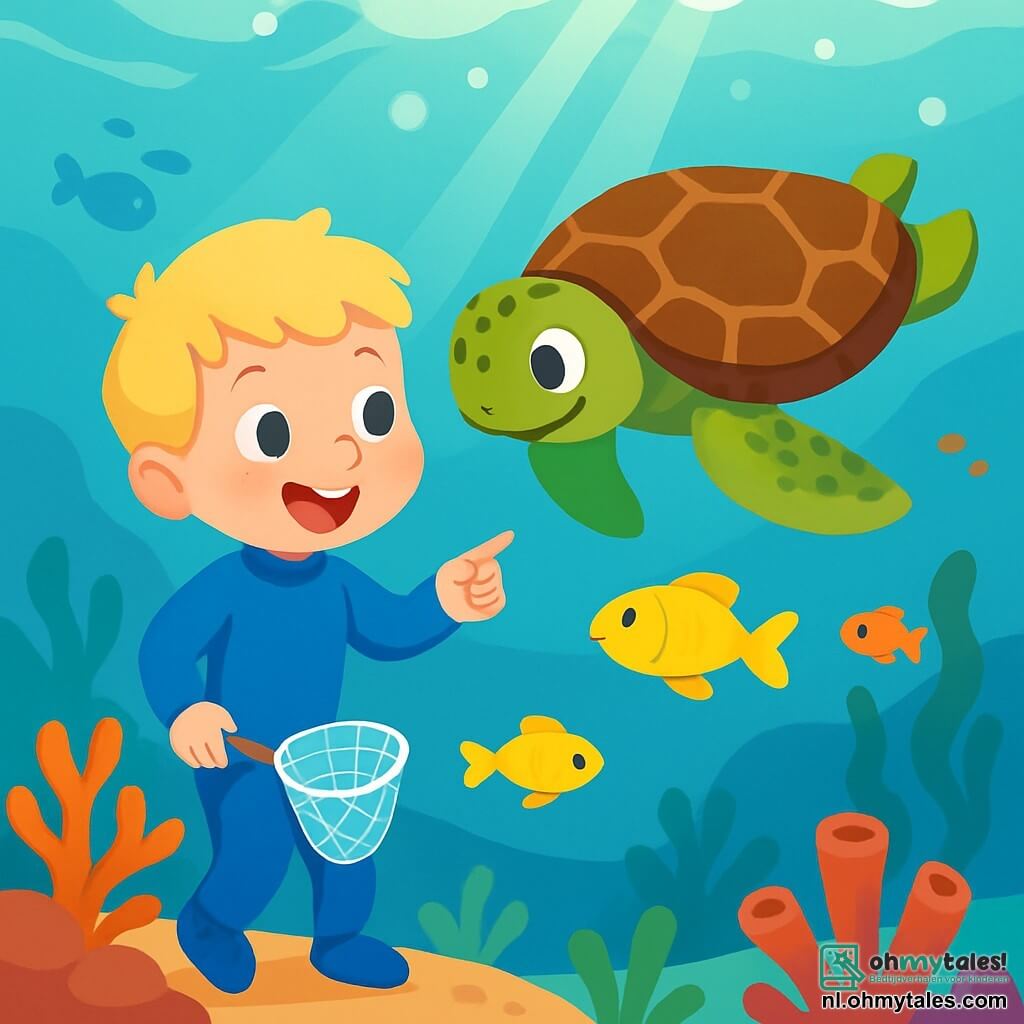 Een 4-jarig jongetje, genaamd Finn, met blond haar en nieuwsgierige ogen, draagt een blauwe duikpak en een grote blije glimlach. Hij houdt een klein vissersnet in één hand en kijkt verwonderd naar een grote schildpad genaamd Sam, die naast hem zwemt. Sam, de schildpad, is groen met bruine patronen op zijn schild en heeft een vriendelijke en wijze blik, terwijl hij vredig in het water drijft. De scène speelt zich onder water af, in een levendige onderwaterwereld vol kleurrijke koralen, felgekleurde vissen en waterplanten die zachtjes meedeinen op de golven. Stralen van licht filteren door het wateroppervlak, wat een magisch effect creëert rond de twee vrienden. Finn en Sam verkennen samen de wonderen van de oceaan, terwijl Finn met zijn vinger wijst naar een felgele vis die snel voorbij zwemt, met een gezicht vol opwinding en verwondering.
