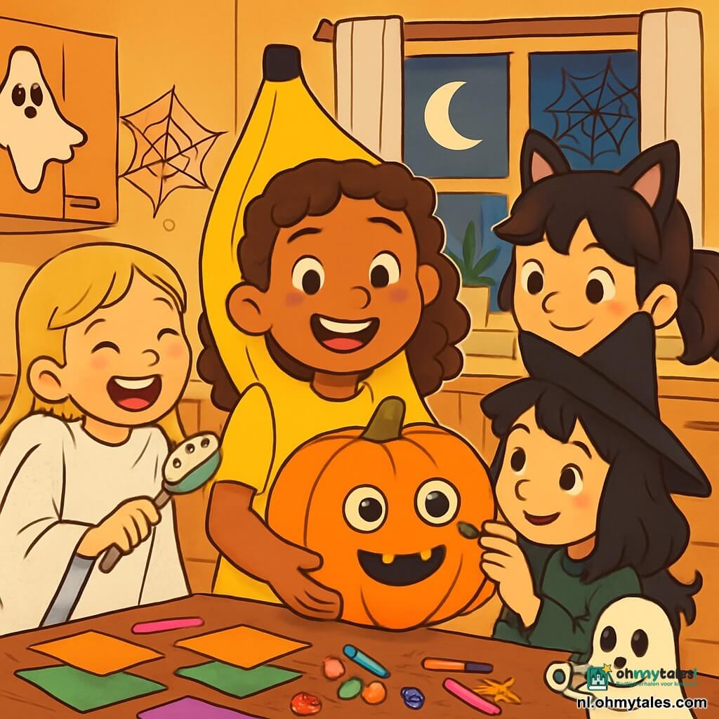 Er zijn 4 kinderen: - Noor: een 10-jarig meisje, gekleed in een felgele banaan, met een grote glimlach en krullend bruin haar. Ze staat in het midden en houdt een grote oranje pompoen vast. - Lila: een 9-jarig meisje, gekleed in een glinsterend wit laken met glitter, met sprankelende ogen en blonde vlechten. Ze staat links van Noor, lachend terwijl ze een afwasborstel vasthoudt. - Selin: een 10-jarig meisje, verkleed als heks met een zwarte puntige hoed en een groene jurk, met rommelig zwart haar. Ze staat rechts van Noor en tekent met een stift wenkbrauwen op de pompoen. - Jara: een 9-jarig meisje, verkleed als kat met vilten oren en een pluche staart, met kastanjebruin haar in een paardenstaart. Ze staat achter Noor en zoekt plastic ogen in haar zak. De locatie is een gezellige keuken met gele muren en Halloweenversieringen zoals spinnenwebben en papieren spoken. Een grote houten tafel is bedekt met gekleurd papier, stiften en snoep, terwijl een raam het zachte maanlicht binnenlaat en de scène verlicht. De belangrijkste situatie toont de kinderen die samen een enorme pompoen versieren met bewegende ogen, lachend en ideeën delen, terwijl een vriendelijk spookje genaamd Bobbel vanuit een hoek toekijkt met plastic ogen in zijn handen.