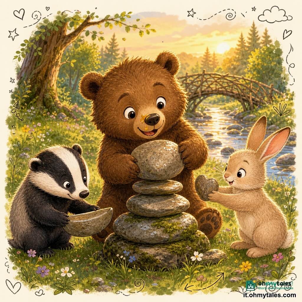 Un giovane orso bruno rotondo e peluche, occhi vivaci e muso curioso, sorride mentre posa una grossa pietra rotonda per la base di un cairn, zampe larghe pelose; una piccola libellula o una macchia di miele sul muso aggiunge un tocco malizioso. A destra una lepre chiara, orecchie sottili rosa e pelliccia soffice, è concentrata e felice mentre porge una pietra a forma di cuore all'orso. A sinistra un tasso tozzo a strisce bianche e nere, contento ma timido, è in ginocchio e stabilizza una pietra a forma di barca con le zampe anteriori. La scena si svolge nella radura del "Bosco delle Meraviglie": erba verde con fiori selvatici, un ruscello scintillante con ciottoli e riflessi e un ponte di rami intrecciati sullo sfondo; luce dorata del tramonto, ombre lunghe, atmosfera calda e morbida. Situazione principale: i tre amici costruiscono insieme un piccolo cairn segreto vicino al ruscello, con pietre impilate, risate e gesti cooperativi, e dettagli di pietre umide e muschio. Stile grafico: colori saturi ma morbidi, contorni leggermente inchiostrati, texture di pelo e corteccia visibili e piccoli doodle (cuori, stelle, frecce) intorno per un tono giovanile.