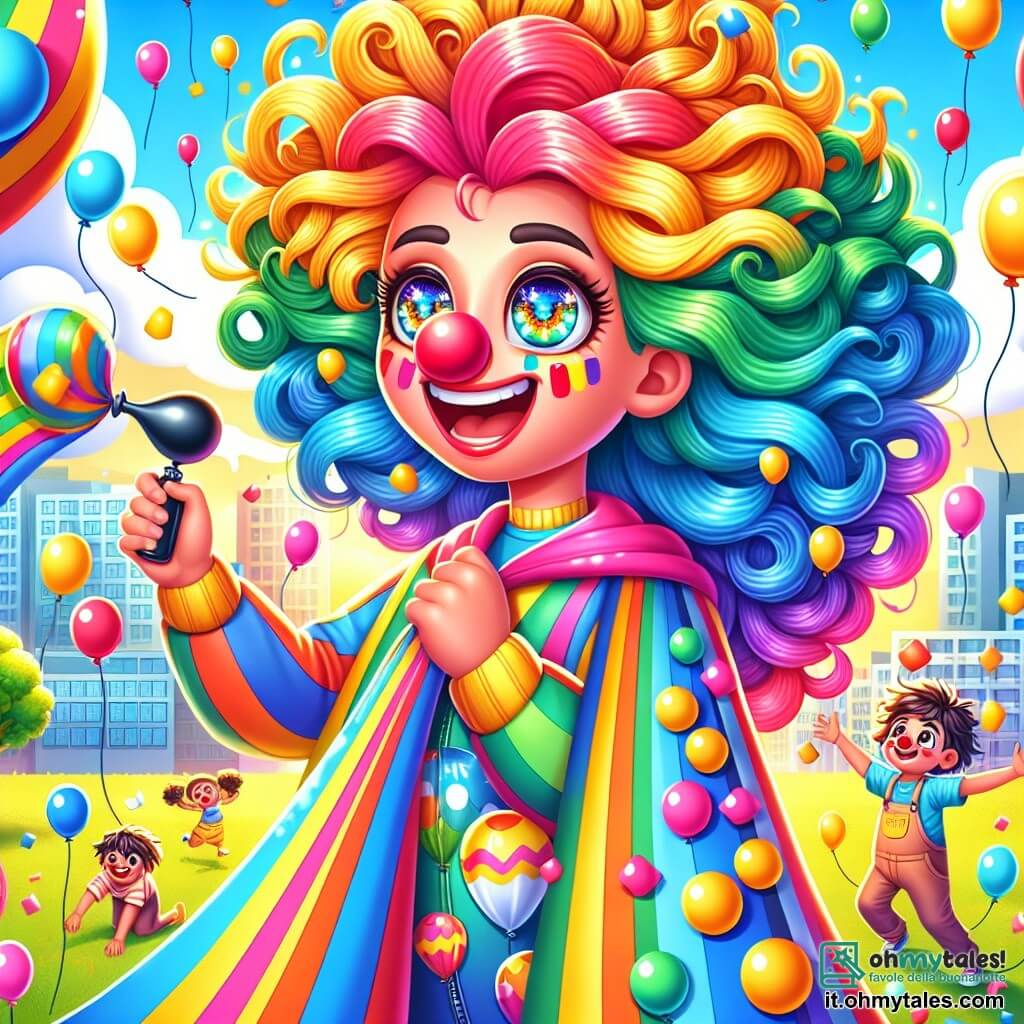 Sorriso Splendente è un supereroe gioioso, con capelli ricci e brillanti color arcobaleno, un grande sorriso splendente e occhi scintillanti di malizia. Indossa un mantello fatto di palloncini colorati che fluttuano intorno a lei e un naso rosso da clown che aggiunge un tocco comico. Sta ridendo mentre gonfia palloncini con un piccolo fischietto, circondata da bolle di gioia. Maldestro, un ragazzo di circa 10 anni, è accanto a lei. Ha i capelli arruffati e un viso coperto di coriandoli colorati. Cerca di riparare una macchina per gonfiare palloni, con un'espressione sia concentrata che divertita. La scena si svolge in una città vibrante e soleggiata, con edifici dai colori vivaci, bambini che giocano nel parco e nuvole a forma di sorrisi che fluttuano nel cielo. La situazione principale mostra Sorriso Splendente e Maldestro che collaborano gioiosamente per riempire la città di palloni colorati, creando un'atmosfera di festa e risate, mentre i bambini si meravigliano intorno a loro.