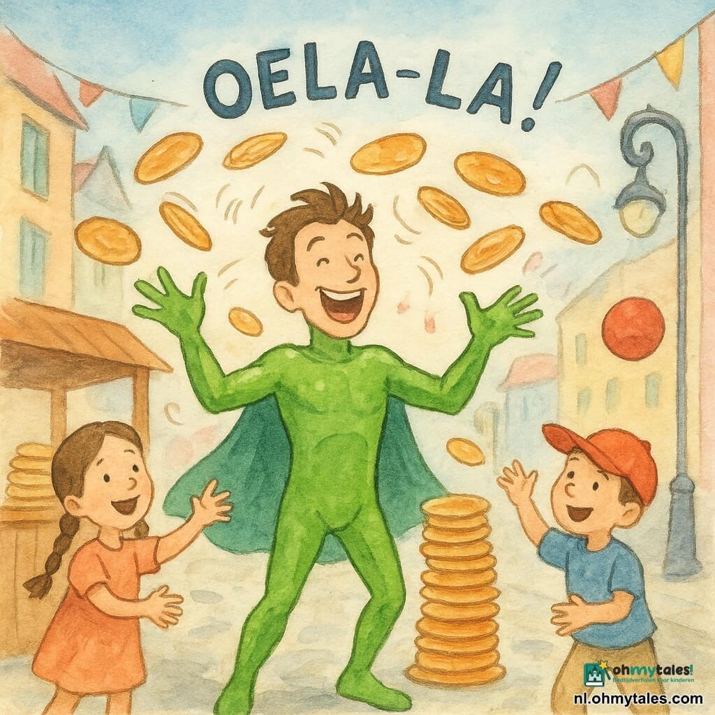 Een jonge, vrolijke en ondeugende man in een felgroen superheldenpak dat glanst roept "OELA-LA!" terwijl hij met zijn handen zwaait en objecten doet dansen; een meisje van circa 7 jaar met twee bruine vlechten lacht en reikt naar vallende pannenkoeken bij een kraam links; een jongen van circa 8 jaar met een rood petje gooit een grote rode strandbal omhoog bij de stapel pannenkoeken rechts; het is een kleurrijke marktstraat bij helder weer met pastelkleurige gevels, draaiende lantaarns en slingers; de scène is komisch en dynamisch: pannenkoeken zweven in de lucht, lantaarns dansen als flamingo's, de bal stuitert en stuurt pannenkoeken terug naar het kraam, iedereen lacht en klapt.
