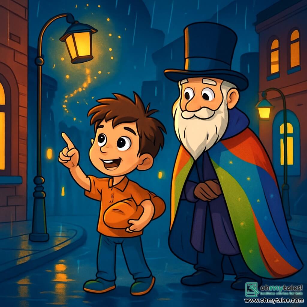 An 8-year-old boy, Leo, with messy brown hair and sparkling curious eyes, stands on the wet sidewalk of Midnight City, holding a loaf of bread under his arm. His face is lit up with a mix of excitement and wonder as he gazes at a small floating lantern glowing with golden light, leaving behind a trail of sparkling dust. Next to him, Mr. Fig, a 70-year-old man with a long white beard and a top hat, observes the scene with a mischievous smile. He wears a colorful cape that seems to shimmer under the lantern light and stands slightly back, ready to guide Leo on his adventure. The setting is a bustling urban neighborhood, with red brick buildings, streetlights flashing yellow and blue, and narrow alleys where mysterious shadows can be seen. The rain falls gently, creating shimmering reflections on the ground. The main scene shows Leo, in awe, pointing at the magical lantern swirling above his head, while surrounding lanterns dance chaotically as if trying to escape. The atmosphere is both magical and slightly unsettling, full of promises of adventure.