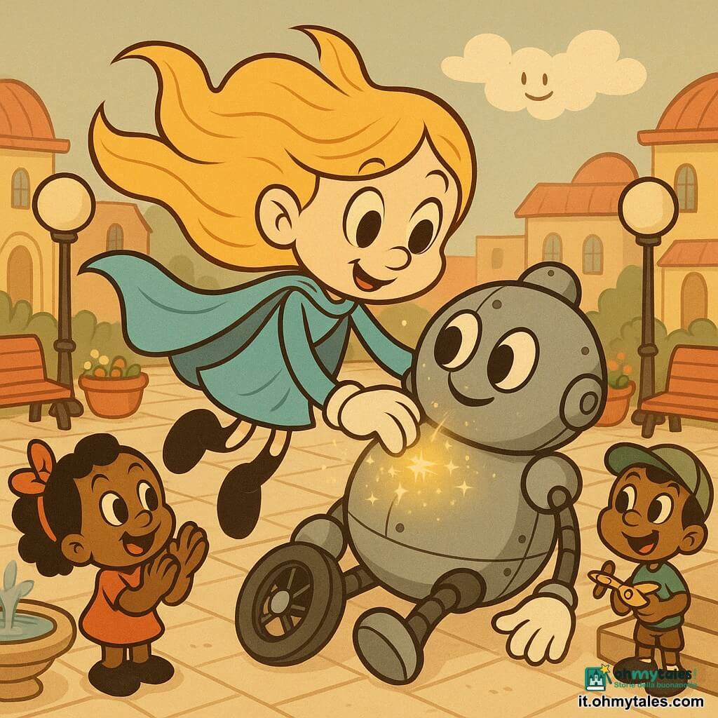 Una supereroina, Luminara Veloce, dal volto dolce e sorridente, occhi grandi e capelli dorati che fluttuano, mantello azzurro a nastri e mani che emanano polvere luminosa, tocca delicatamente il torace di un grande robot grigio dal look tondeggiante e retrò con bulloni visibili e una ruota caduta, che si rianima lentamente; una bambina di 5 anni in rosso con fiocco applaude ammirata a sinistra in primo piano e un ragazzo di 8 anni con cappellino verde sorride tenendo un piccolo giocattolo volante a destra su un gradino; scena in una ampia piazza lastricata con panchine rosse, lampioni rotondi, fiori in vaso e edifici pastello dai tetti arrotondati, cielo pastello con una piccola nube mentre il sole torna dietro di essa, luce morbida, colori caldi, atmosfera calma e magica, composizione chiara e centrata.