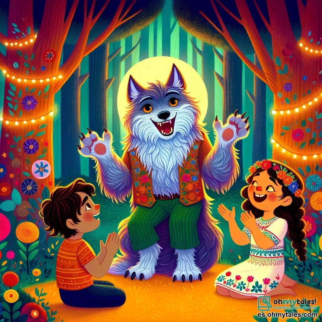 En el centro de la imagen, un hombre lobo llamado Lupi, con un pelaje esponjoso y brillante que cambia de color según sus emociones, muestra una gran sonrisa alegre. Sus ojos brillan con picardía mientras cuenta uno de sus chistes, levantando las patas delanteras como si gesticulara para cautivar a su audiencia. A su derecha, un niño de 8 años, con cabello castaño alborotado y una camiseta colorida, ríe a carcajadas, con las manos en el vientre. A su izquierda, una niña de 7 años, con largas trenzas y un vestido de flores, aplaude con entusiasmo, sus ojos brillando de admiración por el hombre lobo. La escena tiene lugar en un claro del Bosque de las Maravillas, bañado en luz dorada, rodeado de majestuosos árboles de troncos gruesos y hojas verdes. Guirnaldas de flores coloridas decoran las ramas, y luciérnagas bailan en el aire, añadiendo un toque mágico a la atmósfera. Lupi, el hombre lobo, está en medio de un concurso de chistes, rodeado de criaturas fantásticas y niños humanos, todos riendo y divirtiéndose juntos, creando un ambiente alegre y amigable en este lugar encantador.