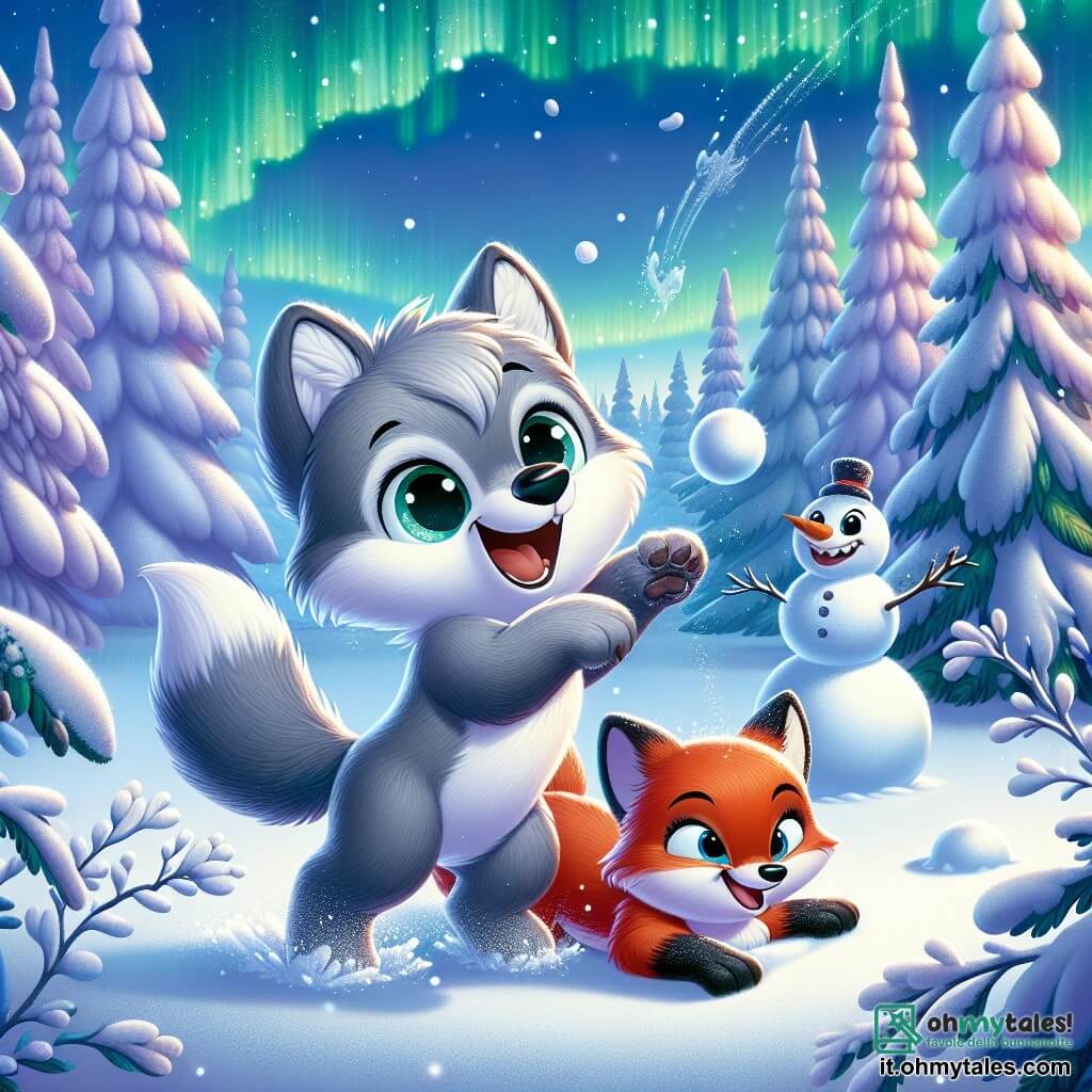 Un piccolo lupo dagli occhi brillanti e dal pelo grigio, con un'espressione gioiosa, gioca nella neve, saltando e rotolando con entusiasmo. Al suo fianco, una piccola volpe rossa, chiamata Fiamma, con un sorriso splendente e un pelo infuocato, lancia una palla di neve verso Lupo, ridendo di gioia. La scena si svolge in una foresta incantata, dove grandi alberi dai tronchi spessi sono coperti da uno spesso strato di neve scintillante, e fiocchi di neve cadono dolcemente dal cielo azzurro, illuminato da aurore boreali nelle tonalità di verde e viola. Lupo e Fiamma si divertono insieme, creando un pupazzo di neve, circondati da paesaggi invernali fiabeschi, simboleggiando l'amicizia e la magia dell'inverno.