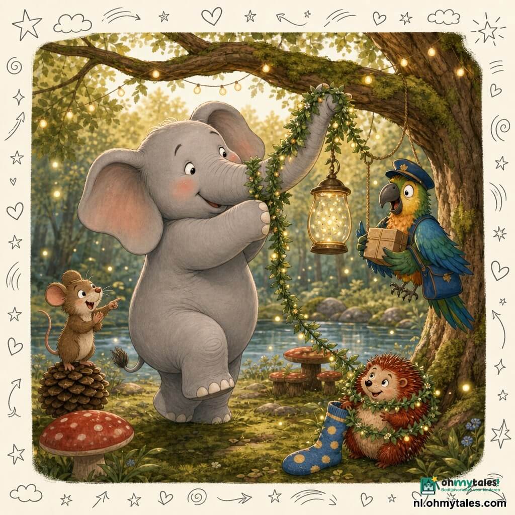 Een lichtgrijze, rondgetekende olifant met zachte ogen en blozende wangen staat op zijn achterpoten en probeert verlegen een groene slinger rond zijn slurf en oor te hangen; naast hem applaudisseert een ondeugende bruine muis die op een dennenappel staat en wijst naar de slinger; een stekelige roodbruine egel zit als een klein cadeau in een deel van de slinger met een blauw sokje met gele stippen erbij; een kleurrijke postpapegaai (blauw-groen) met scheve pet hangt aan een nabije tak met een pakket en kijkt verrast; het tafereel speelt zich af in een mosrijke bosopen plek met een brede eik links, een glinsterende poel achteraan, paddenstoelen als zitplaatsen, hangende lichtslingers en fladderende gele vuurvliegjes; vrolijke, licht chaotische sfeer, warme namiddaglicht en zachte texturen.