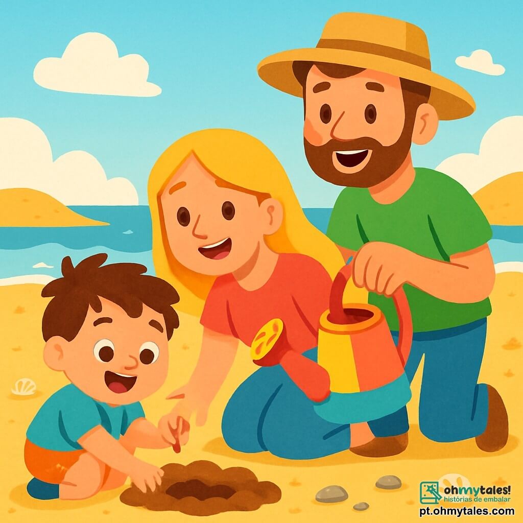 Um menino de 2 anos, com cabelos castanhos bagunçados e olhos brilhantes de alegria, está agachado em uma terra marrom, segurando uma pequena semente entre os dedos. Ele sorri amplamente, seu rosto radiante de excitação. Ao seu lado, sua mãe, uma mulher de cerca de 30 anos, com cabelos longos e loiros, o incentiva com um grande sorriso, segurando um regador colorido. Seu pai, um homem de cerca de 32 anos, com uma barba leve e um chapéu de palha, está atrás deles, pronto para regar as plantas. A cena ocorre em uma praia ensolarada, com dunas de areia dourada e ondas cintilantes ao fundo. Conchas e pedrinhas decoram o chão ao redor deles. O céu é azul com algumas nuvens brancas fofas. Nessa situação, o menino planta uma semente no solo, cercado pela família, todos ansiosos para ver as plantas crescerem e aproveitar a beleza da natureza durante as férias de verão.