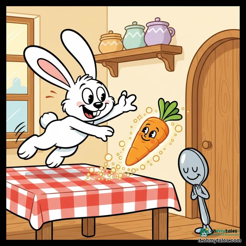 Pippo, il protagonista, è un piccolo coniglio bianco con grandi orecchie molli, occhi tondi spalancati e sorriso malizioso, che salta sul tavolo alzando una zampa; la carota magica, personaggio secondario, è una carota arancione lucida con occhi birichini, bolle frizzanti e una scia scintillante mentre rotola verso la porta; un piccolo cucchiaio di metallo fa la riverenza sul bordo del tavolo, occhi chiusi e sorriso educato, osservando Pippo e la carota; la cucina è una stanza retro con tavolo in legno chiaro, tovaglia a quadretti rossi e bianchi, barattoli di ceramica su una mensola e luce calda dalla finestra; scena principale: la carota rotola verso la porta mentre Pippo, sorpreso e gioioso, cerca di acchiapparla; stile grafico: colori vivaci, contorni neri spessi, espressioni esagerate, texture semplici e superfici lisce.