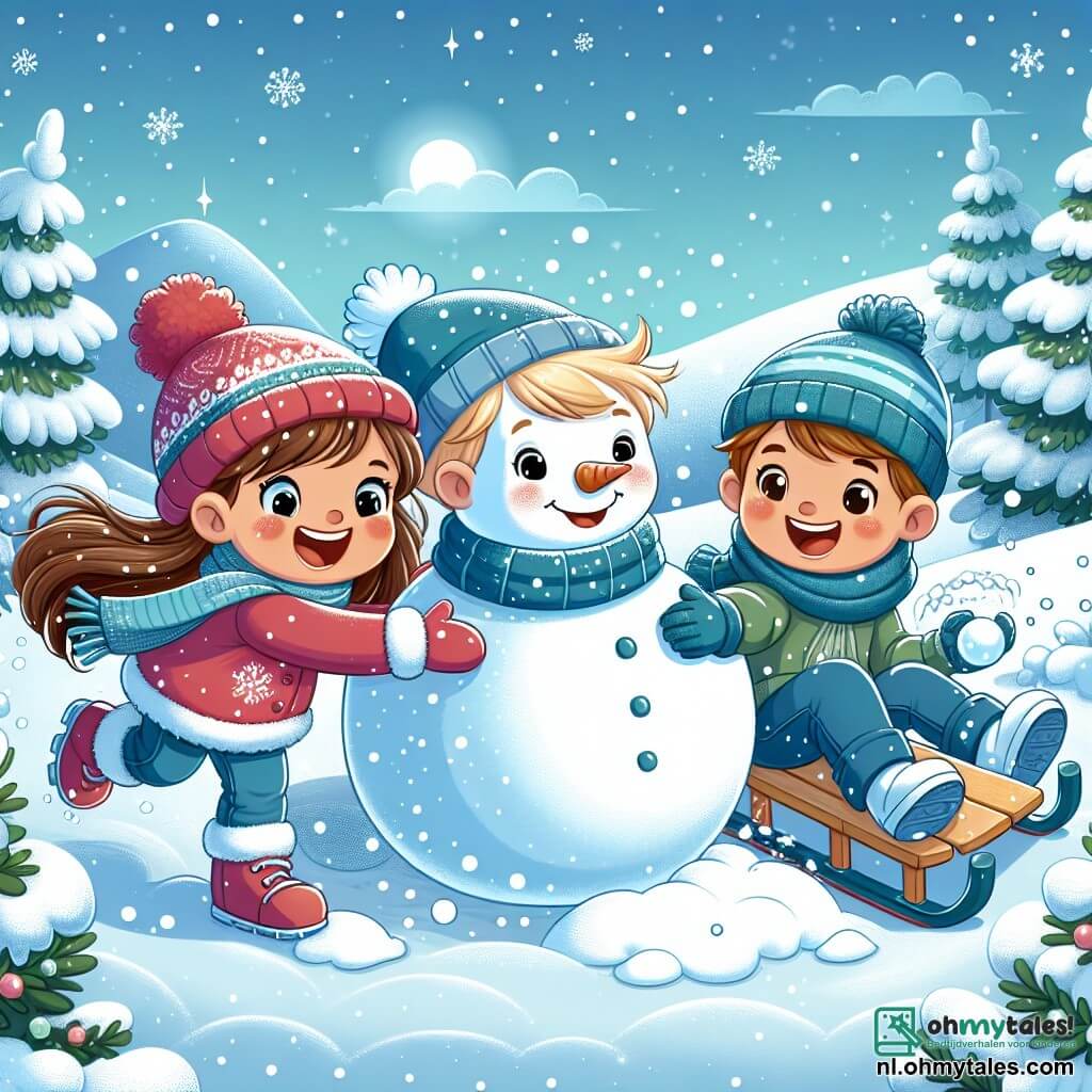 Drie blije kinderen spelen in een winterlandschap. Lotte, een 8-jarig meisje met lang bruin haar en een rode muts, rolt een grote sneeuwbal om een sneeuwman te maken. Naast haar glimlacht Joris, een 9-jarig jongetje met blond haar en een blauwe jas, terwijl hij een sneeuwbal vasthoudt die klaar is om te gooien. Sam, een 8-jarig jongetje met kastanjebruin haar en een stralende glimlach, zit op een grote slee, omringd door sneeuw, klaar om van de heuvel te glijden. De achtergrond toont een besneeuwde heuvel onder een heldere blauwe lucht, met glinsterende sneeuwvlokken die zachtjes vallen. Groene dennenbomen, bedekt met sneeuw, creëren een magische sfeer. De kinderen hebben plezier samen, lachen en spelen in de sneeuw, terwijl ze een sneeuwman bouwen en zich voorbereiden op een sneeuwballengevecht.