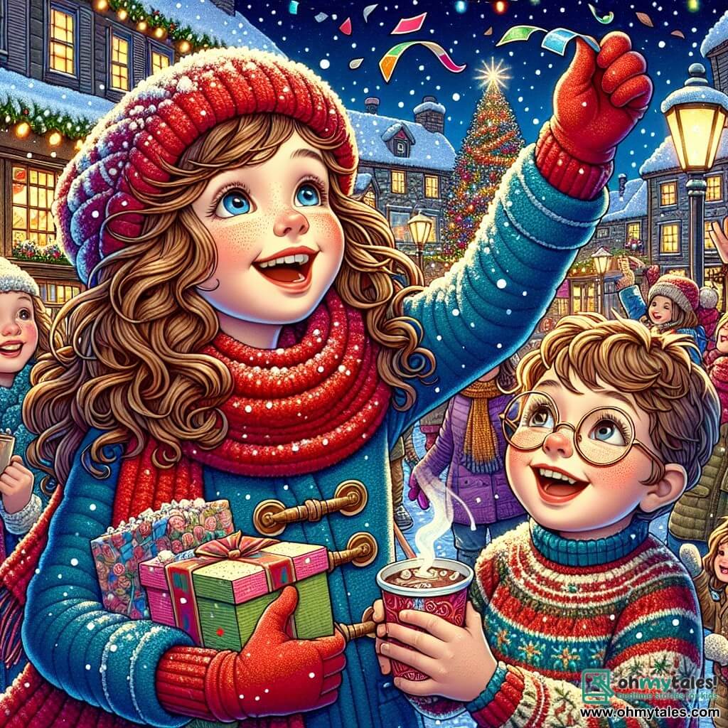 An 11-year-old girl named Lily stands at the center of the scene, with curly brown hair and rosy cheeks, beaming with excitement. She wears a bright red scarf and a blue coat, holding a large colorful sign that says "Happy New Year!" in her hands. Next to her, her 7-year-old brother Max, with blond hair and round glasses, joyfully throws confetti in the air, a big smile on his face. Their mother, Sarah, a woman in her thirties with brown hair and a wool sweater, looks at them proudly while holding a steaming cup of hot chocolate. 

The scene takes place in a snowy village, with wooden houses decorated with twinkling lights and a large illuminated Christmas tree in the center of the square. Snow covers the ground, and flakes gently fall from the starry sky, creating a magical and festive atmosphere. 

Lily and her family are celebrating New Year's, surrounded by friends, all laughing and having fun, ready to countdown to welcome the new year.