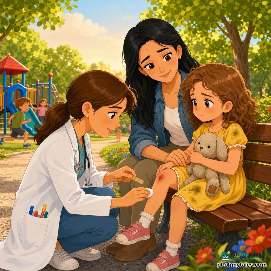 Médica mulher, olhos doces e sorriso caloroso, cabelo castanho preso em rabo-de-cavalo, jaleco branco com bolsos cheios de canetas, agachada e limpando um joelho ralado com um curativo; menina de cerca de 6 anos, cabelos cacheados castanho-claro, vestido amarelo com manchas de grama, rosto levemente triste mas confiante, sentada num banco à direita; mãe de ~30 anos, cabelo longo preto, roupa casual, em pé atrás à esquerda com as mãos nos joelhos e olhar aliviado; parque ensolarado com grama verde, árvores, flores vermelhas e azuis, um parquinho e trilha de cascalho, luz suave do fim da tarde; cena calma e reconfortante, menina segura um brinquedo de pelúcia gasto, mãe observa com gratidão e crianças desfocadas ao fundo.