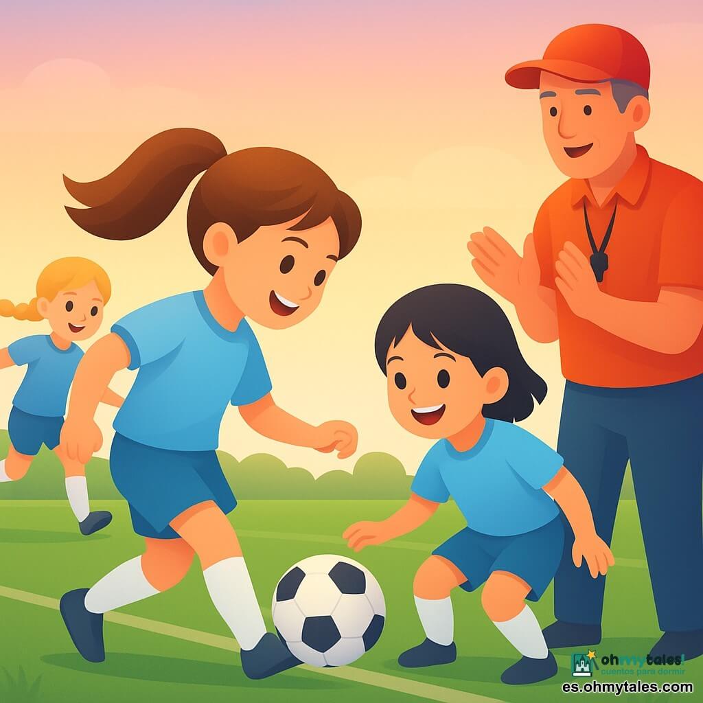 Una niña futbolista de unos 10 años, sonriente y decidida, cabello castaño en coleta, uniforme celeste y calcetas blancas, da un pase decisivo con el cuerpo inclinado y mirada concentrada; a su derecha Isa, también de unos 10, cabello negro corto, recibe el balón con las piernas flexionadas lista para driblar y sonrisa alegre; Marta, con trenzas rubias, en el fondo a la izquierda dispara a portería con postura dinámica; el entrenador, hombre de unos 40 años con canas, gorra roja y silbato, aplaude desde la línea de banda con expresión orgullosa; campo de césped verde, líneas blancas, porterías blancas y cielo pastel al atardecer; momento del pase decisivo antes del gol, acción congelada, movimiento claro, alegría de equipo y energía contagiosa.