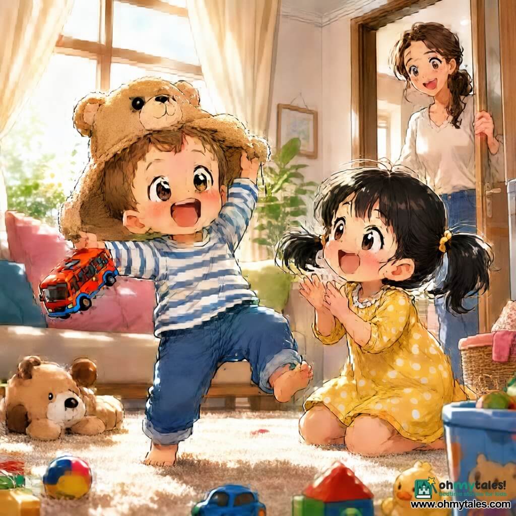A joyful, funny moment in a cozy, bright living room: a 2-year-old boy with a round face, chubby cheeks, short light-brown hair and big bright eyes holds a small red-and-blue toy bus while wearing his teddy comforter on his head like a hat, a mischievous 3-year-old sister with black hair in pigtails kneels beside him in a yellow polka-dot dress clapping and watching the teddy-hat, their mother, about 30 with long tied-back hair and a tender smile, stands in the doorway laughing; cream rug, colorful cushions, light curtains, scattered toys and soft morning light amplify the warm, playful, dynamic scene as the children dance and laugh with exaggerated gestures.