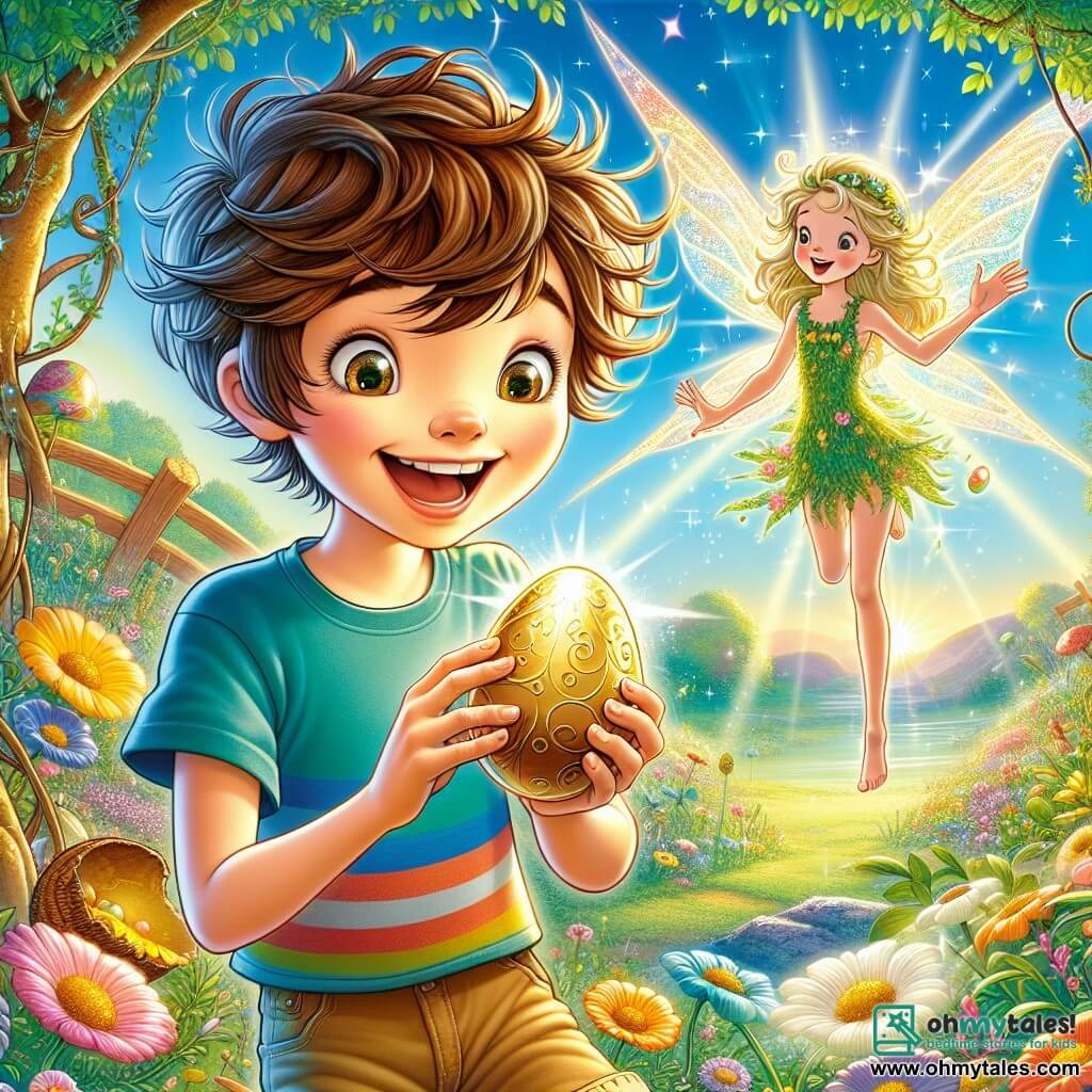 A 12-year-old boy named Oliver stands in the center of the image, with messy brown hair and sparkling eyes full of excitement. He wears a colorful t-shirt and shorts, holding a golden Easter egg in his hands, his face beaming with joy and pride. Beside him, a small fairy named Petal, with shimmering wings and a dress made of flower petals, flies around him smiling, her long golden hair floating in the air. In the background, a magical garden stretches out, filled with vibrant singing flowers and trees with outstretched branches, under a bright blue sky. The scene depicts Oliver and Petal celebrating their victory after finding the last Easter egg, surrounded by the enchanted beauty of the garden, with sunlight illuminating the entire scene.