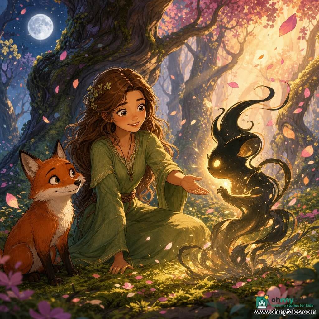 Elara, a young woman with long light-chestnut hair in a green linen dress, sits on the ground reaching out kindly, calm and comforting with bright, teary eyes; Lumino, a nonhuman dark fluid silhouette with a golden glow at its center, medium-sized, swirls and transforms beside her; a red fox with mischievous eyes sits next to Elara watching; setting: a forest glade carpeted in green moss and pastel petals, ancient twisted trees with luminous foliage under mixed moon and dawn rays; scene: a magical transformation from shadow to light with petals falling like colorful rain in a soft, fairy atmosphere; palette: warm pastels (greens, pinks, golds), gentle contrasts, watercolor textures and clean 2D cartoon outlines; mid shot centered on Elara and Lumino with a slight low angle to magnify the trees.