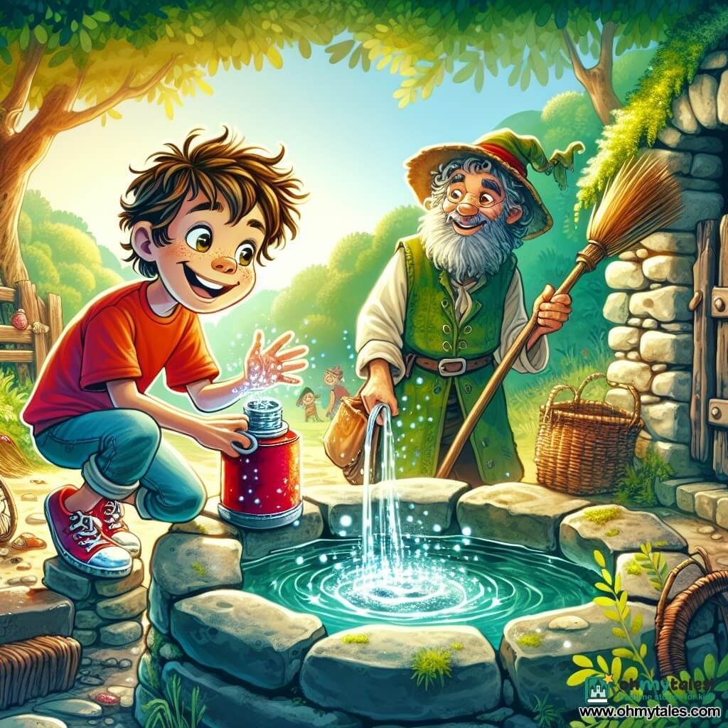 A 12-year-old boy with messy brown hair and sparkling curious eyes is crouched by an old washhouse, his face lit up by a wide smile of excitement. He wears a bright red t-shirt and denim shorts, and his sneakers are slightly muddy, showing evidence of his adventures. Next to him, a small man with gray hair and a fluffy beard, dressed in a tunic made of leaves and a straw hat, watches with a kind smile, holding a wicker broom in his hand. The washhouse is surrounded by ancient stones covered in green moss, with sunlight filtering through the leaves of the trees, creating a magical and peaceful atmosphere. The main scene shows the boy dipping a hand into the clear water to retrieve a shiny red thermos, while water splashes sparkle around him, revealing a moment of discovery and adventure.
