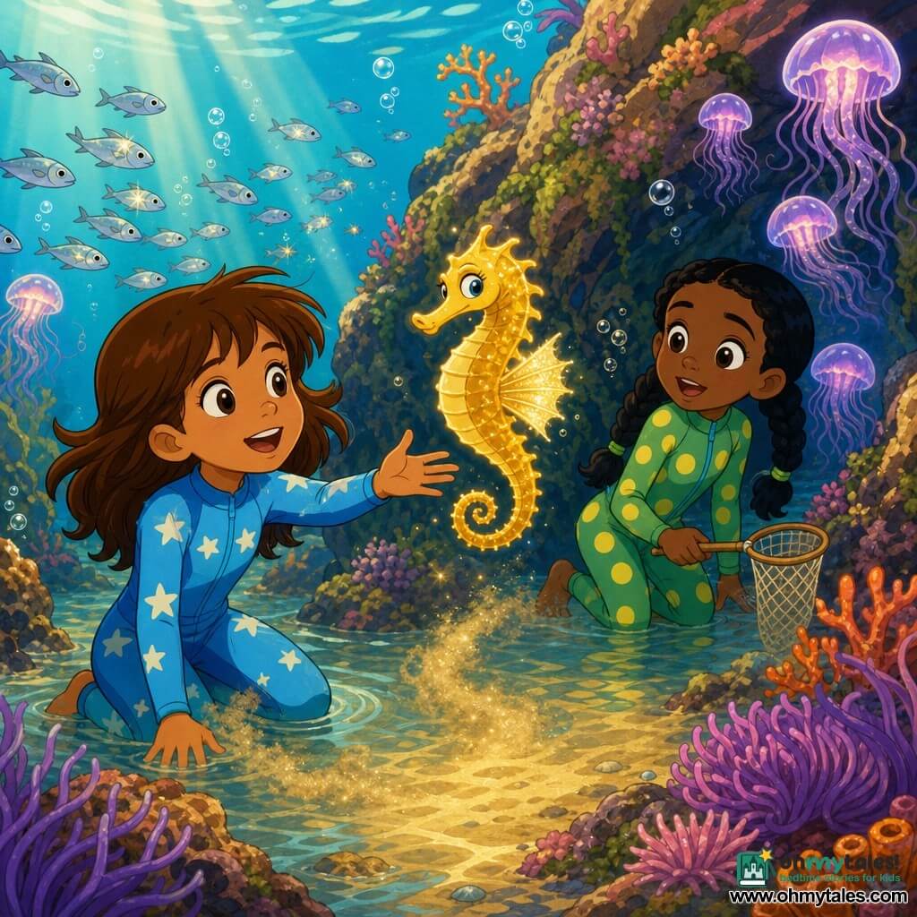 Three characters: Lucy, about 9, with mid-length brown hair in floating strands, kneeling left foreground in shallow water wearing a light-blue wetsuit with star patterns and reaching toward a golden, shimmering-finned seahorse; Amara, about 9, with black hair in two braids, standing right and slightly behind in a green wetsuit with yellow polka dots, holding a small cloth net and watching in wonder; the small golden seahorse turns at the center before an algae-covered rock fissure. The scene is a colorful rocky cove turned underwater world—clear blue-green water, coral-covered rocks, waving purple anemones, schools of silvery fish, rising bubbles and glowing jellyfish lanterns—while the girls follow the seahorse toward a dark crack in the rock, expressions of wonder, golden sand dust swirling at their feet and sunlight streaming in diagonal rays for a warm, magical atmosphere.