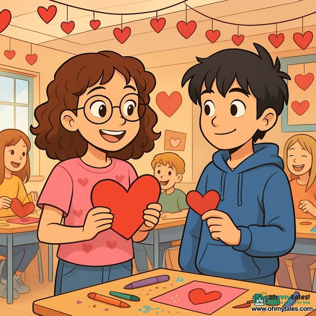 A 12-year-old girl, Mira, with curly brown hair and round glasses, stands center stage, her eyes sparkling with excitement and a radiant smile on her face. She wears a pink t-shirt with hearts and jeans, holding a large red paper heart in her hands. Next to her is her friend Rowan, a 12-year-old boy with messy black hair and a blue hoodie, looking at Mira with admiration while holding a small paper heart he just wrote. The setting is a classroom decorated for Valentine's Day, with paper heart garlands hanging from the ceiling, tables covered with colorful markers and glitter, and windows letting in soft, warm light. The main scene shows Mira and Rowan sharing their paper hearts, surrounded by classmates laughing and having fun, creating a joyful and festive atmosphere full of camaraderie and creativity.