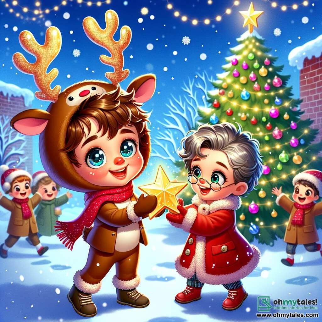 A 5-year-old boy named Tommy, with bright blue eyes and curly brown hair, smiles excitedly as he wears a homemade reindeer costume with sparkling antlers. He is presenting a large shiny star to his grandmother, an elderly woman with silver hair and a warm smile, wearing a red coat and a wool scarf. She stands next to him with open arms, ready to embrace him. The scene takes place in a snowy schoolyard, where a tall Christmas tree is decorated with colorful ornaments and sparkling garlands, surrounded by joyful children who are clapping and singing. Snowflakes gently fall from the sky, adding a magical touch to the festive atmosphere. The main situation shows Tommy, beaming with happiness, offering the star to his grandmother during a Christmas event, surrounded by friends dancing and singing around the tree, creating a warm and joyful moment filled with love and sharing.