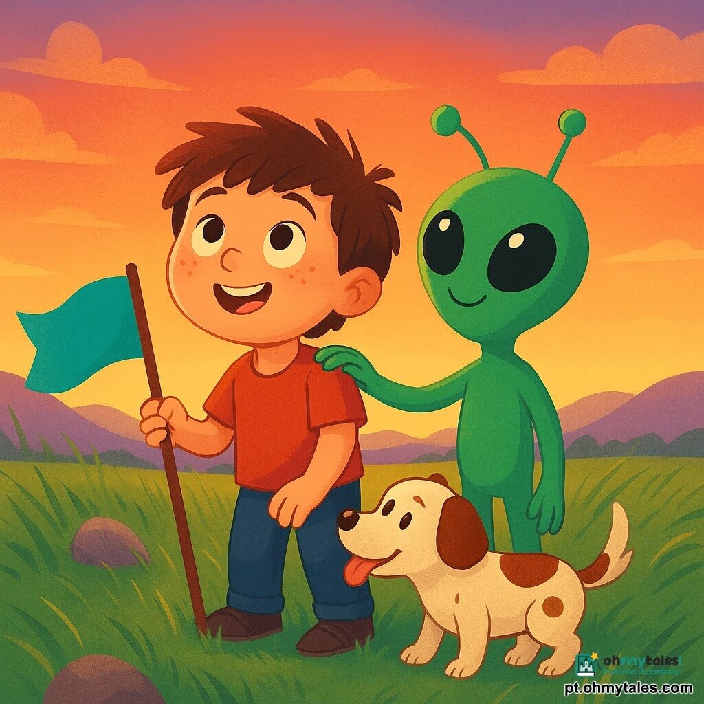 Um menino de 8 anos, rosto rondo com sardas, cabelo castanho despenteado e expressão sorridente e maravilhada, segura com as duas mãos uma pequena bandeira azul-esverdeada e olha para o céu ao pôr do sol; ao seu lado, Pipoca, um cão pequeno branco com manchas castanhas, língua de fora e rabo abanando, cheira o chão perto da bandeira; Zog, um extraterrestre pequeno verde com olhos grandes e antenas finas e sorriso amigável, pousa a mão no ombro do menino, ligeiramente inclinado; cenário num planalto gramado e ventoso com ervas altas que ondulam, alguns rochedos e colinas ao longe sob um céu laranja-púrpura; os três fincam uma bandeira colorida que esvoaça ao vento, atmosfera calorosa e mágica, cores saturadas e contrastadas, sombras suaves, estilo vetorial claro e lúdico.