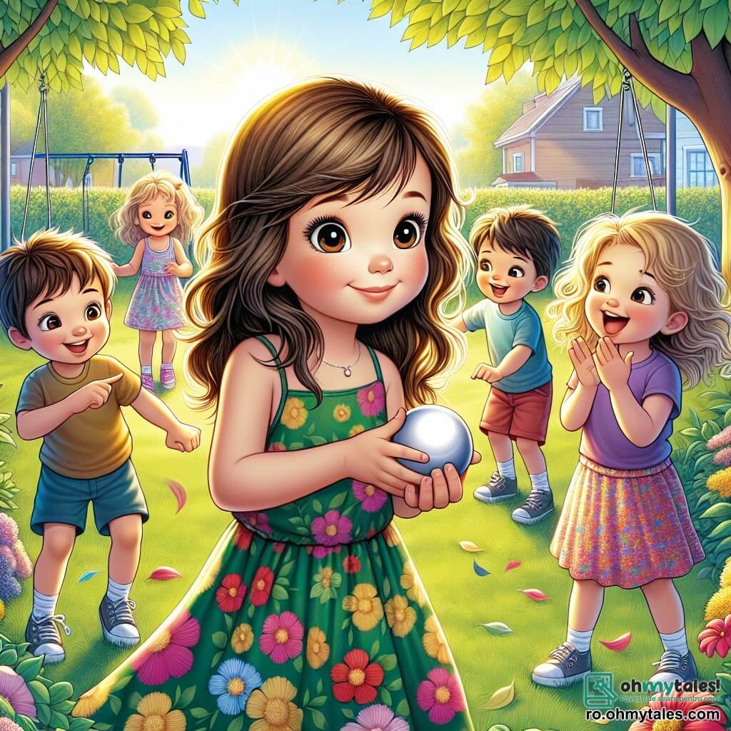 O fetiță de 4 ani, pe nume Sara, cu părul lung și brunet și ochi strălucitori de curiozitate, stă în centrul imaginii. Ea poartă o rochie colorată cu flori și are o expresie de determinare și bucurie, ținând o minge mică în mâini. Lângă ea, prietenul ei Andrei, un băiat de 5 ani cu părul blond și un tricou albastru, zâmbește uitându-se la Sara, pregătit să o ajute. Un pic mai departe, Maria, o fetiță de 4 ani cu părul creț și o rochie roz, aplaudă cu entuziasm, arătându-și susținerea. Fundalul este un parc însorit, plin de verdeață luxuriantă, cu copaci cu frunze strălucitoare și flori colorate care dansează în vânt. În fundal, se vede o leagăn și un tobogan, adăugând o notă de bucurie mediului. Situația principală o arată pe Sara, hotărâtă să spună adevărul, explicându-le prietenilor că a găsit mingea unui alt copil și că vrea să o restituie. Imaginea surprinde momentul de camaraderie și sinceritate, cu copiii adunați în jurul mingii, pregătiți să facă alegerea corectă împreună.