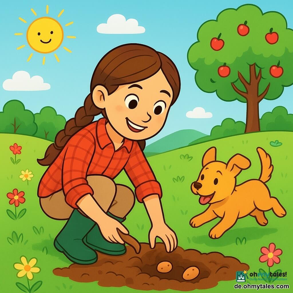 Eine junge Frau, Anna, etwa 10 Jahre alt, mit langen, geflochtenen braunen Haaren, lächelnd und voller Entschlossenheit, hockt in einem grünen Feld und pflanzt Kartoffelsamen in die feuchte Erde. Sie trägt ein rotes kariertes Hemd und eine Stoffhose sowie Gummistiefel. Neben ihr springt ihr kleiner Hund Lilli, ein niedlicher Welpe mit goldenem Fell, fröhlich im Gras, die Ohren aufgestellt und schaut Anna liebevoll an. Der Ort ist ein weitläufiges, sonniges Feld, umgeben von grünen Hügeln, mit bunten Blumen und Obstbäumen im Hintergrund. Der Himmel ist strahlend blau, mit einigen weißen Wolken und der hellen Sonne, die die Szene beleuchtet. Die Hauptsituation zeigt Anna, konzentriert und begeistert, während sie Löcher in die Erde gräbt, um die Samen zu setzen, während Lilli um sie herum spielt und diesem schönen Tag auf dem Bauernhof Freude und Leben verleiht.