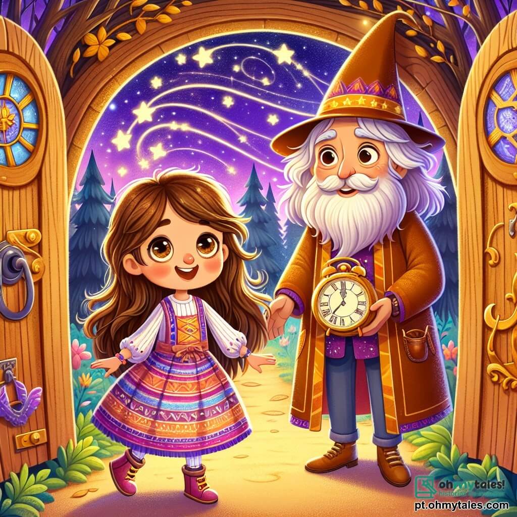 Uma menina de 6 anos, Lila, com longos cabelos castanhos e olhos cheios de curiosidade, está de pé diante de uma porta mágica de madeira decorada com estrelas cintilantes. Ela usa um vestido colorido e um grande sorriso no rosto, demonstrando sua empolgação para a aventura que a espera. Ao seu lado está o Guardião do Tempo, um homem de cerca de 50 anos, com uma longa barba branca e um chapéu estrelado, que sorri gentilmente enquanto segura um antigo relógio nas mãos. Eles estão em um parque encantado, onde as árvores estão cobertas de folhas douradas e o céu é de um roxo brilhante, salpicado de estrelas dançantes. A cena principal mostra Lila e o Guardião do Tempo prontos para entrar na porta mágica, ansiosos para começar sua viagem no tempo para salvar a história.