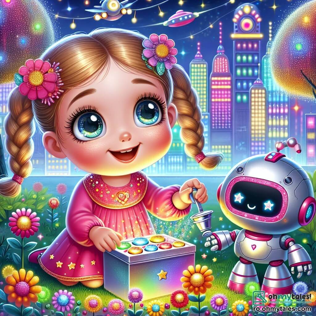 O fetiță de 4 ani, pe nume Luna, cu ochi mari și strălucitori și gene lungi, are două codițe care dansează în vânt. Ea poartă o rochie roz aprins, împodobită cu stele aurii, iar un zâmbet uimit îi luminează fața. Luna este așezată în genunchi, ținând o cutie strălucitoare cu butoane colorate, având ochii mari de curiozitate. Lângă ea, un robot prietenos, de dimensiunea unui copil, cu un corp argintiu și ochi strălucitori în formă de inimă, o observă cu o expresie veselă. El ține o mică udătoare și udă o floare colorată care crește în fața lor. Decorul este unul futurist, cu clădiri înalte și colorate care strălucesc la soare, vehicule zburătoare care trec deasupra lor și copaci cu frunze luminescente. Lumini dansează pe străzile plutitoare, creând o atmosferă magică. Situația principală o arată pe Luna descoperind cutia strălucitoare sub patul ei, înconjurată de prietenul ei robot, pregătită să exploreze secretele lui Sclipițel, cu o expresie de entuziasm și uimire pe față.