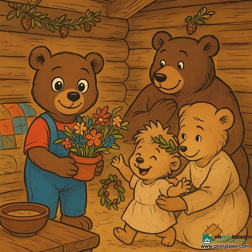 Basil the little brown bear (main character) has big shining round eyes, an expressive face and a shy smile; he is joyful and proud, holding a pot of bright wildflowers and standing center stage. Daisy, his smaller cream-colored little sister (secondary), has tufted hair, a radiant face and laughing eyes, wears a leaf crown and holds a garland of leaves and berries beside Basil, bouncing with excitement. Papa Bear (secondary) is a large dark-furred bear with a softened expression and hands on his heart, seated by a wooden table watching the children proudly. Mama Bear (secondary) is a lighter-furred bear with gentle eyes and a moved smile, kneeling to embrace Basil and Daisy, her simple dress smudged from cooking. The warm interior of a rustic burrow with log walls, a patchwork blanket on a sofa, a rough wooden table with steaming soup, leaf-and-pinecone garlands and golden, sunset-like light sets the scene. Main situation: the children surprise the family — a sharing, inventive moment; warm autumnal palette with red and yellow accents, close textures (wood, fabric, fur), clear happy faces, readable silhouettes, crisp drawing style with soft outlines.